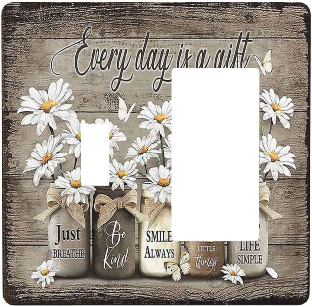 Rustic Floral 2 Gang Light Switch Cover Wall Plate - Farmhouse Daisy Vintage Wooden Board Flower Butterfly Design for Country Kitchen