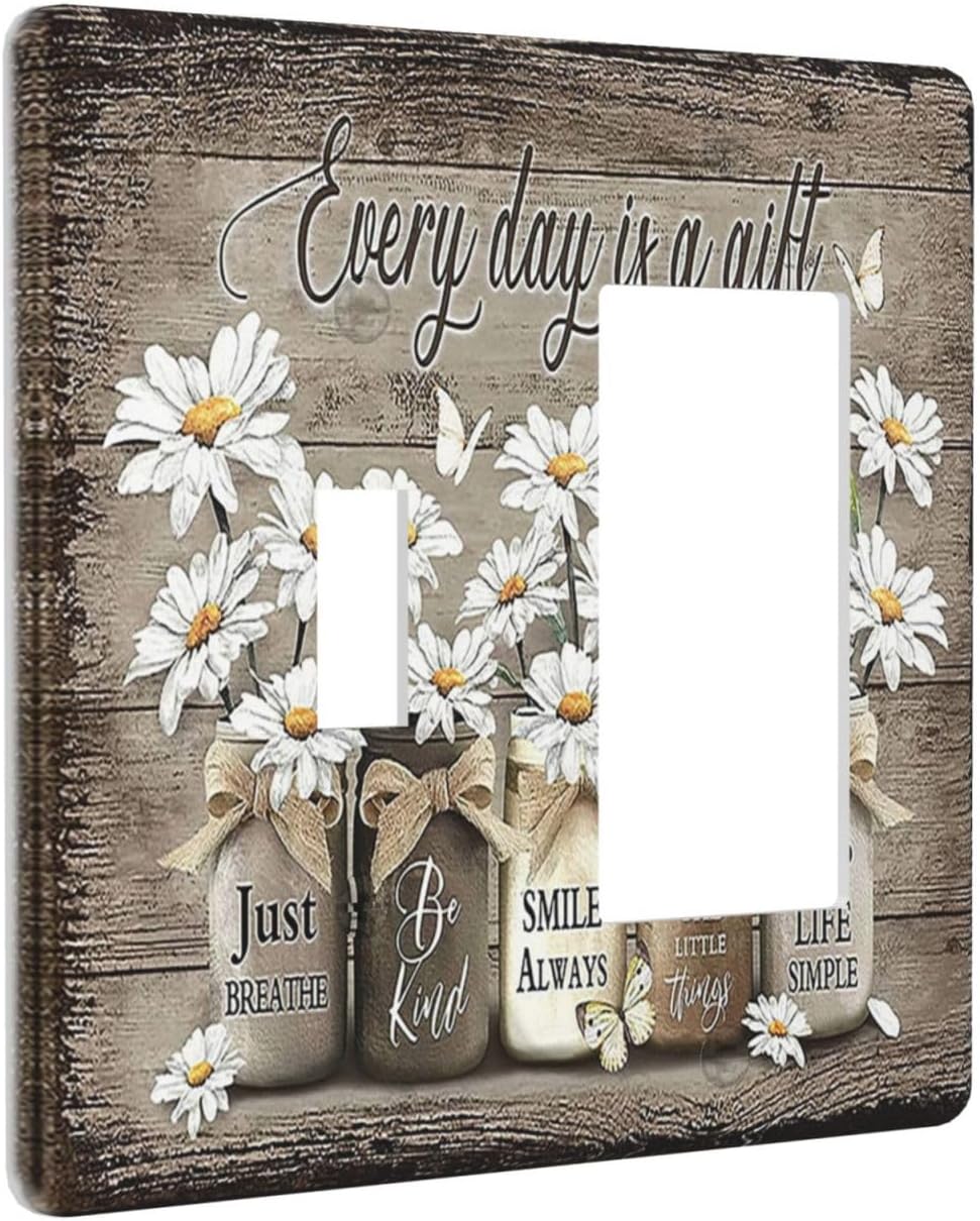 Rustic Floral 2 Gang Light Switch Cover Wall Plate - Farmhouse Daisy Vintage Wooden Board Flower Butterfly Design for Country Kitchen