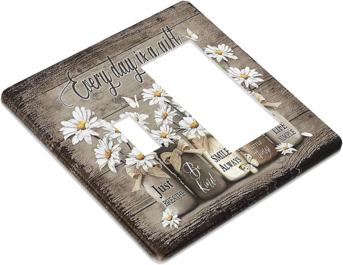 Rustic Floral 2 Gang Light Switch Cover Wall Plate - Farmhouse Daisy Vintage Wooden Board Flower Butterfly Design for Country Kitchen