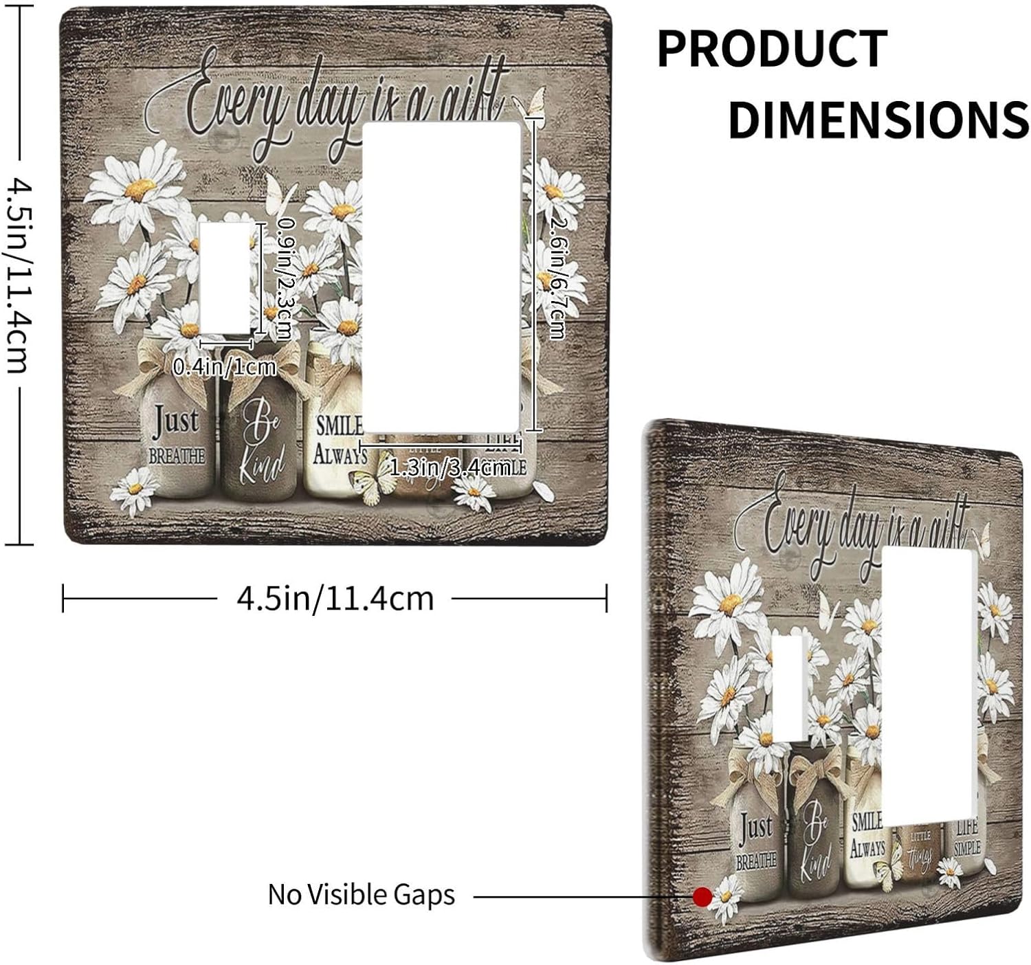 Rustic Floral 2 Gang Light Switch Cover Wall Plate - Farmhouse Daisy Vintage Wooden Board Flower Butterfly Design for Country Kitchen