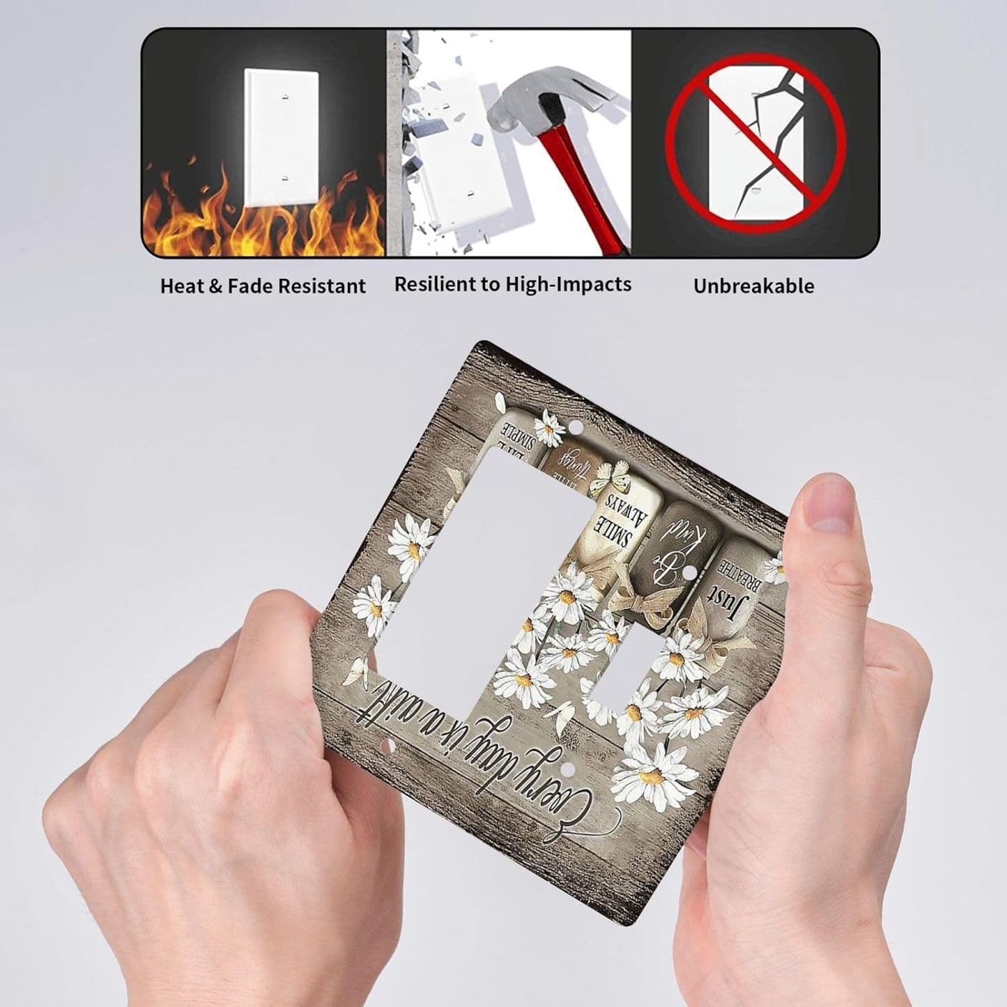 Rustic Floral 2 Gang Light Switch Cover Wall Plate - Farmhouse Daisy Vintage Wooden Board Flower Butterfly Design for Country Kitchen