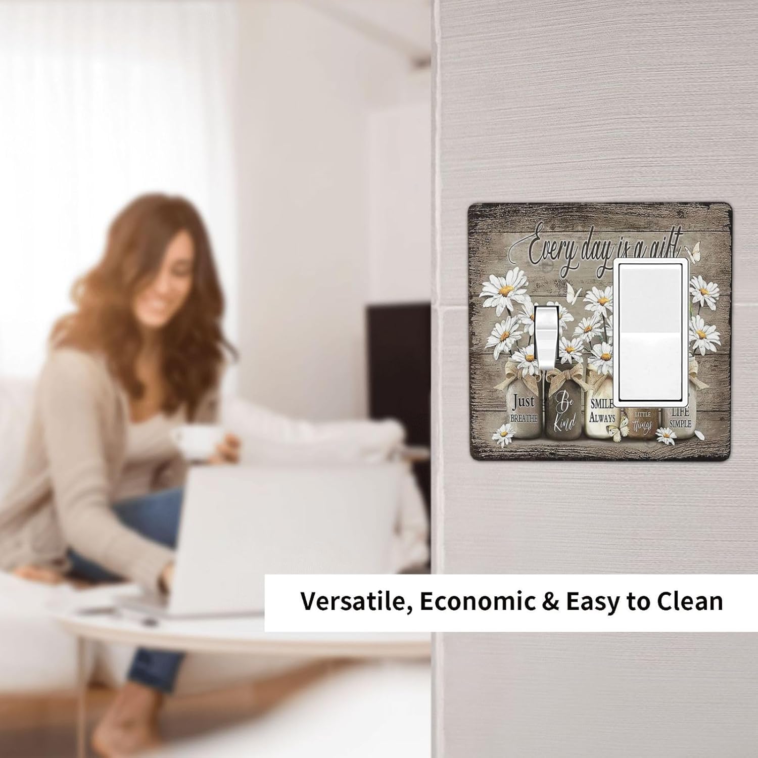 Rustic Floral 2 Gang Light Switch Cover Wall Plate - Farmhouse Daisy Vintage Wooden Board Flower Butterfly Design for Country Kitchen