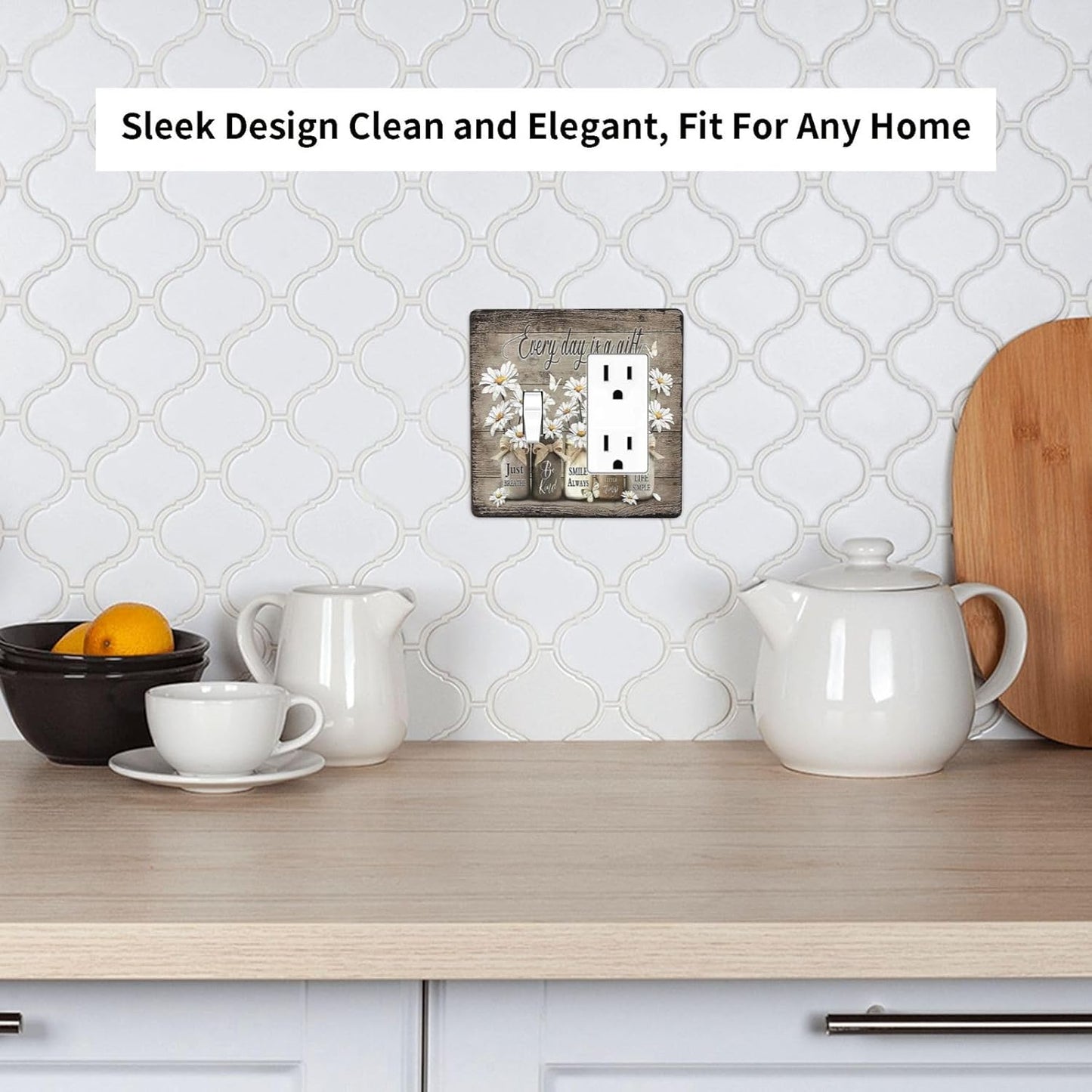 Rustic Floral 2 Gang Light Switch Cover Wall Plate - Farmhouse Daisy Vintage Wooden Board Flower Butterfly Design for Country Kitchen