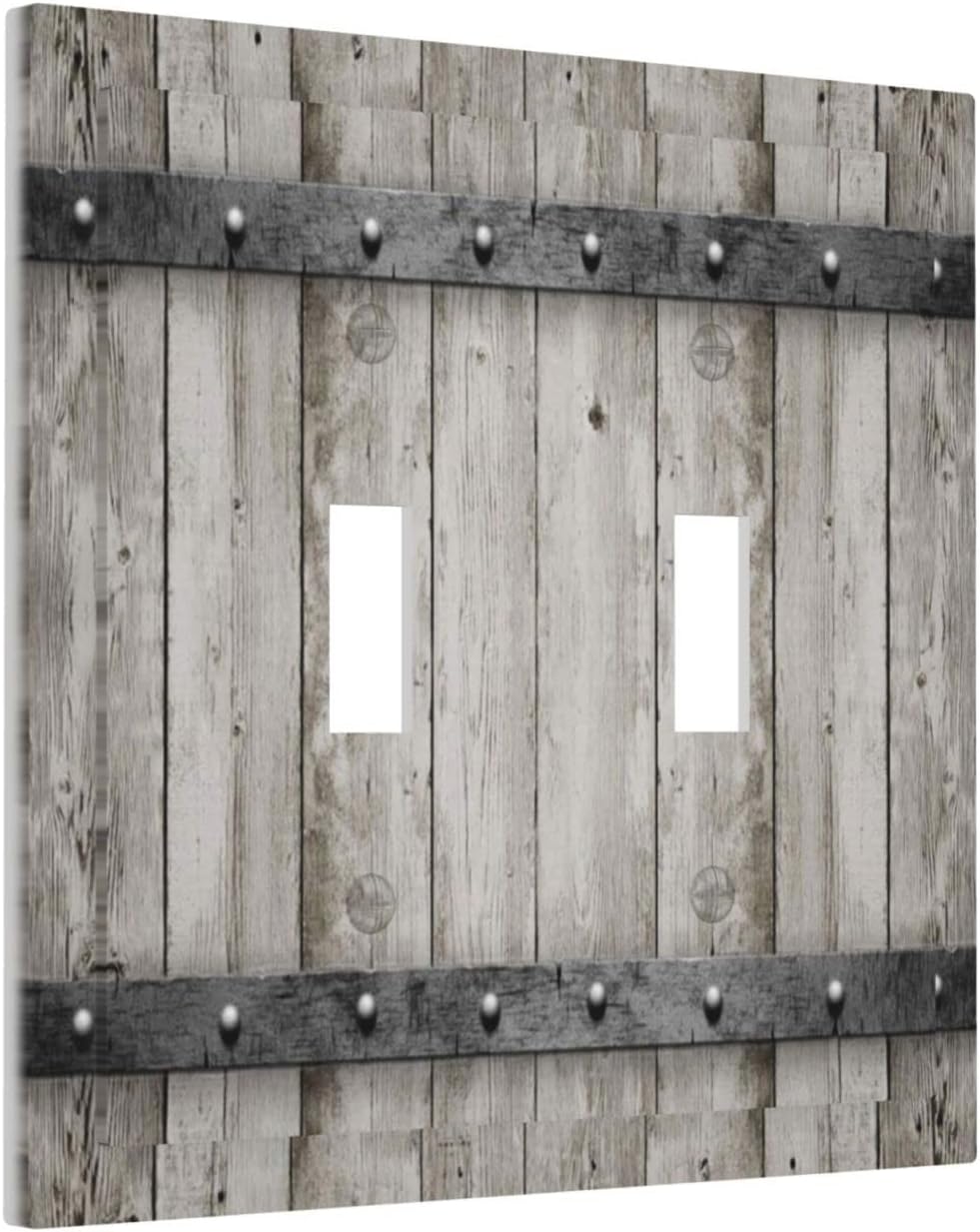 Rustic Grey Wood Barn Door Double Toggle Light Switch Cover - 2 Gang Electrical Switchplate Faceplate for Kitchen, Bedroom, Bathroom Decor