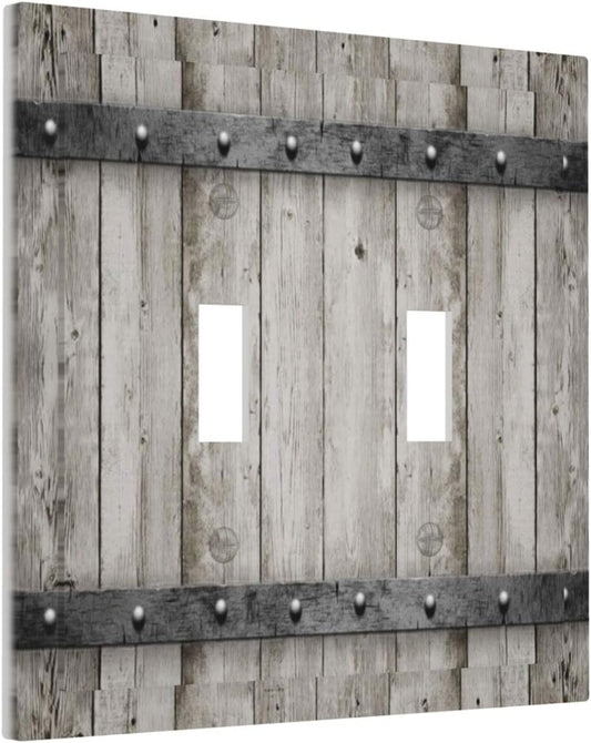 Rustic Grey Wood Barn Door Double Toggle Light Switch Cover - 2 Gang Electrical Switchplate Faceplate for Kitchen, Bedroom, Bathroom Decor