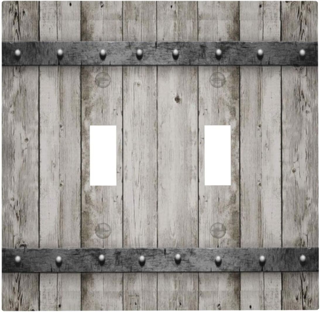 Rustic Grey Wood Barn Door Double Toggle Light Switch Cover - 2 Gang Electrical Switchplate Faceplate for Kitchen, Bedroom, Bathroom Decor