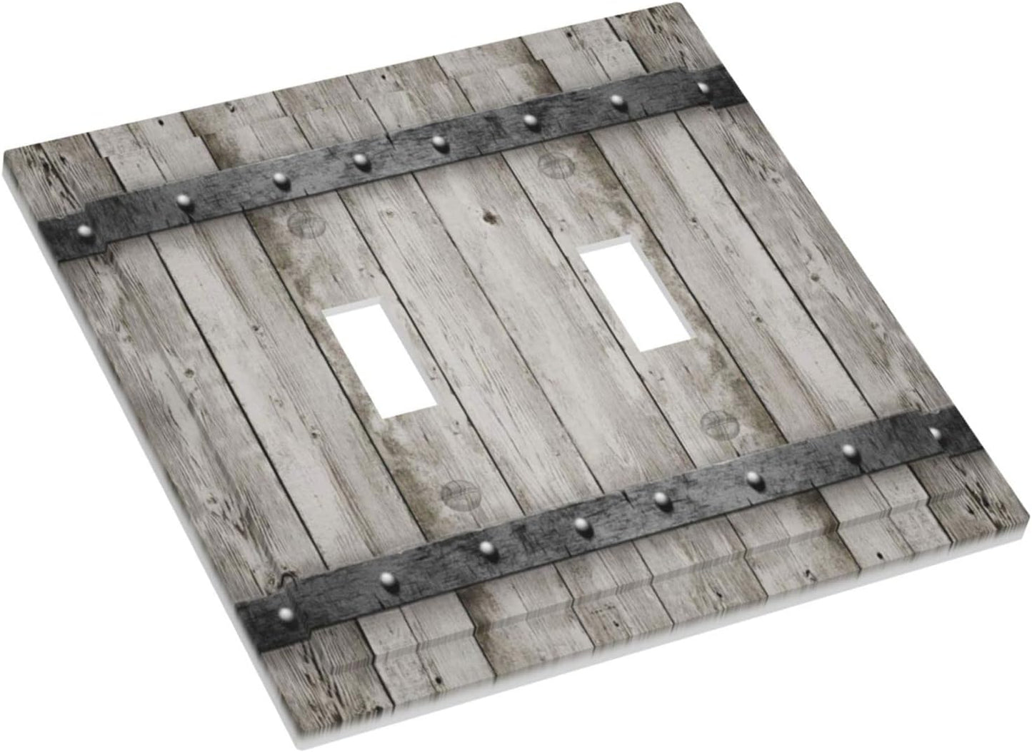 Rustic Grey Wood Barn Door Double Toggle Light Switch Cover - 2 Gang Electrical Switchplate Faceplate for Kitchen, Bedroom, Bathroom Decor