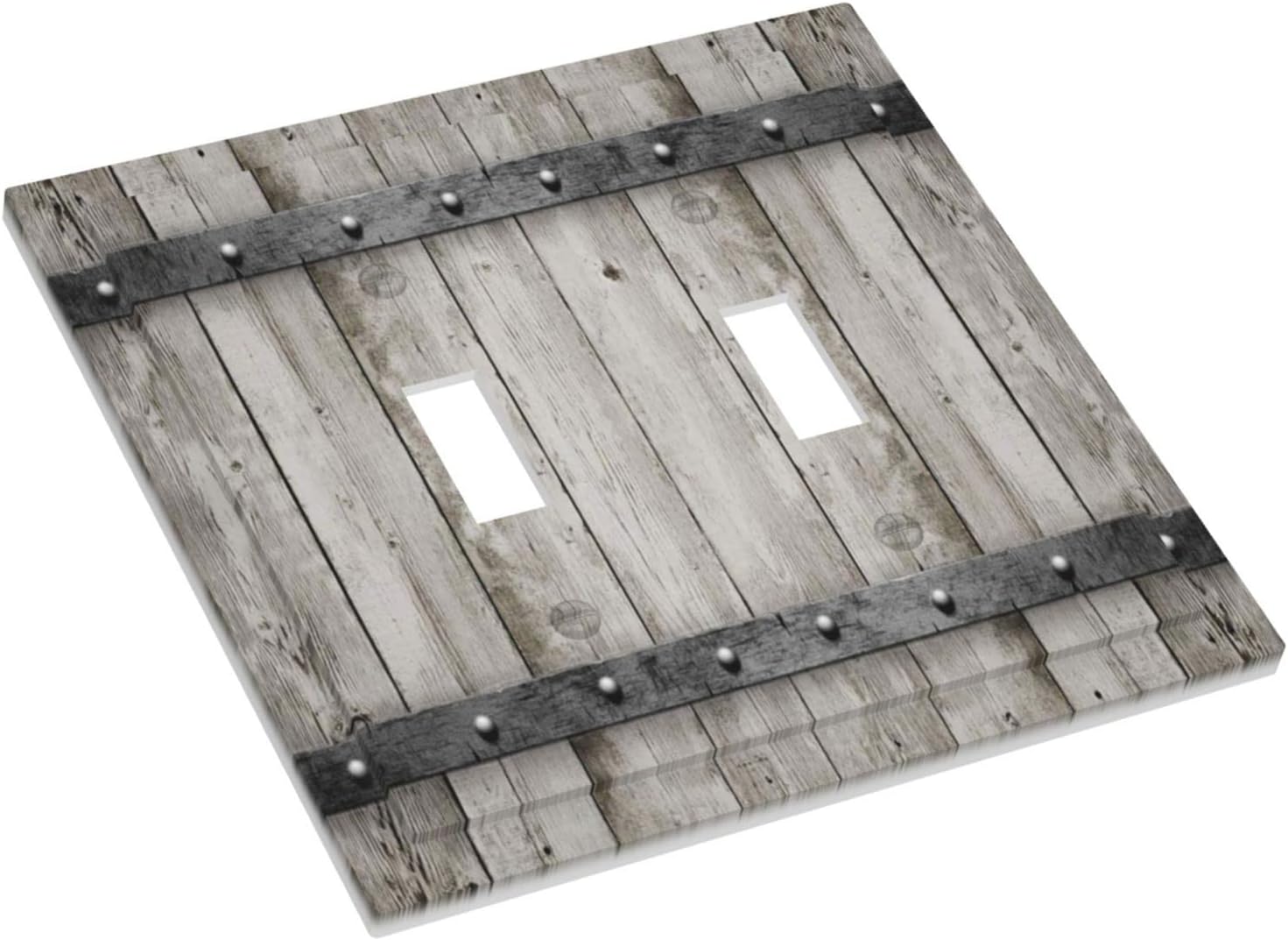 Rustic Grey Wood Barn Door Double Toggle Light Switch Cover - 2 Gang Electrical Switchplate Faceplate for Kitchen, Bedroom, Bathroom Decor