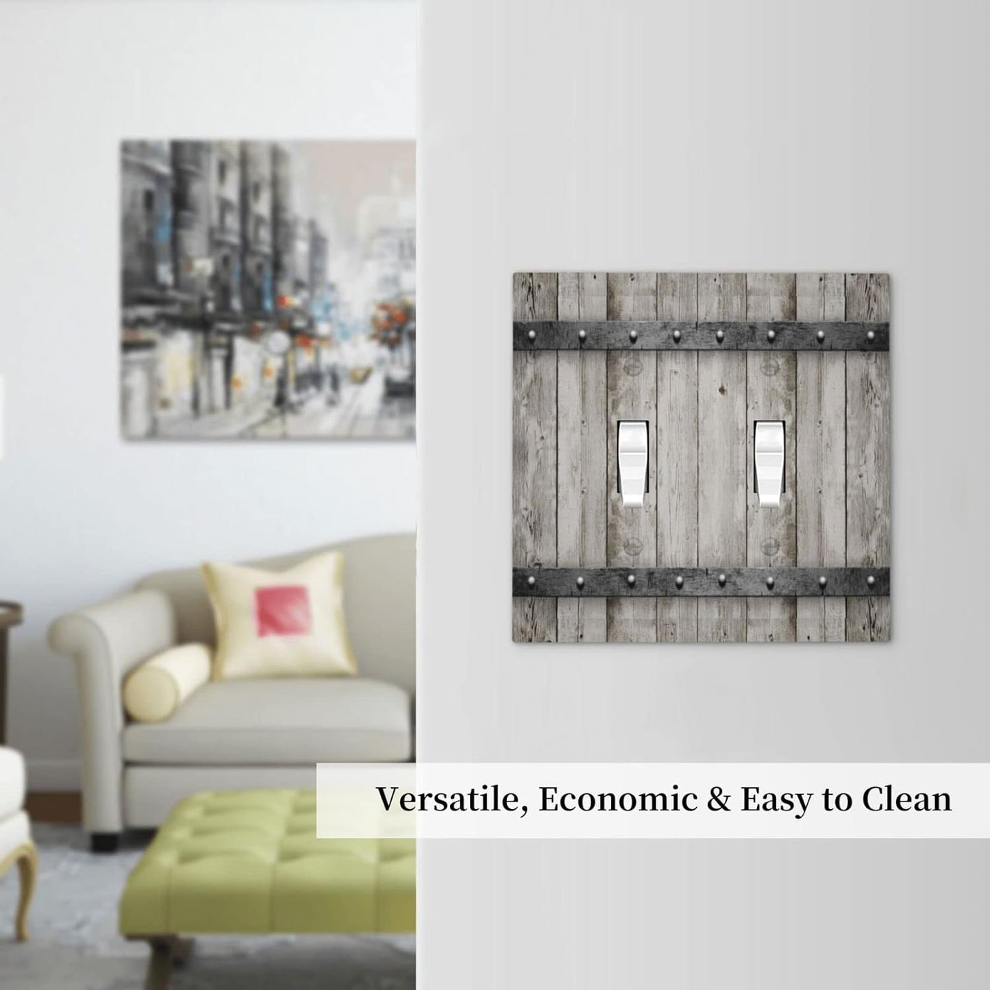 Rustic Grey Wood Barn Door Double Toggle Light Switch Cover - 2 Gang Electrical Switchplate Faceplate for Kitchen, Bedroom, Bathroom Decor