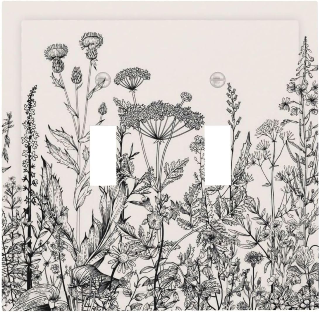 Rustic Vintage Grey Floral Black White Blossom Flower Wildflower Border Botanical Herb 2 Gang Double Toggle Outlet Light Switch Cover