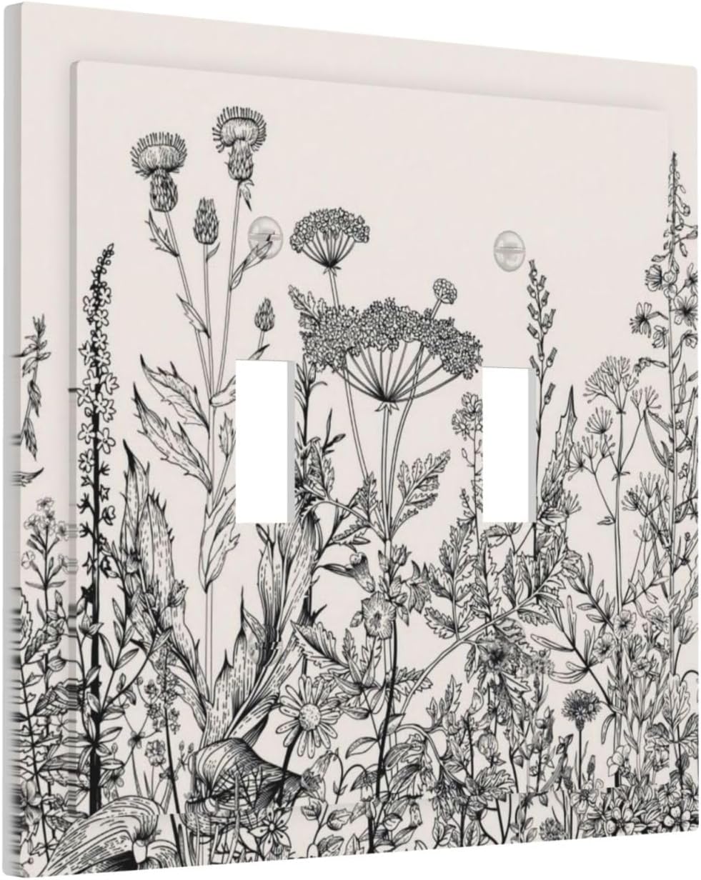 Rustic Vintage Grey Floral Black White Blossom Flower Wildflower Border Botanical Herb 2 Gang Double Toggle Outlet Light Switch Cover