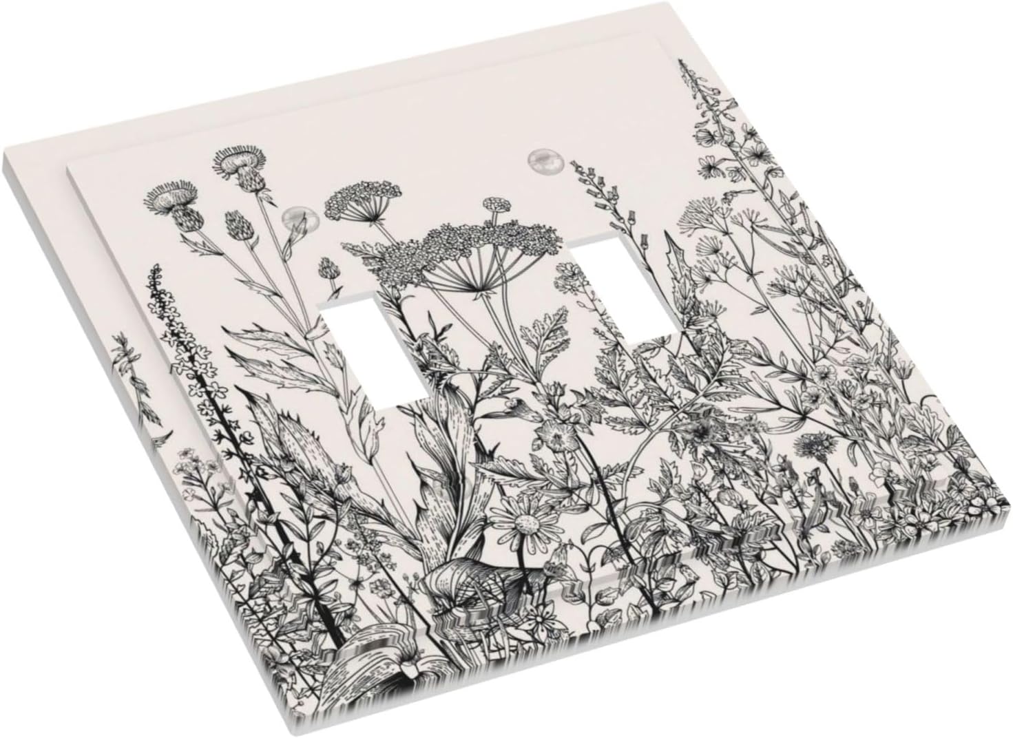 Rustic Vintage Grey Floral Black White Blossom Flower Wildflower Border Botanical Herb 2 Gang Double Toggle Outlet Light Switch Cover