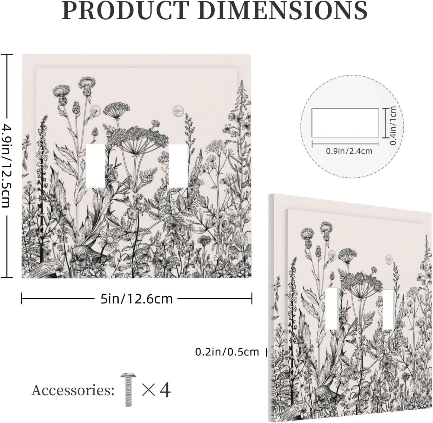Rustic Vintage Grey Floral Black White Blossom Flower Wildflower Border Botanical Herb 2 Gang Double Toggle Outlet Light Switch Cover