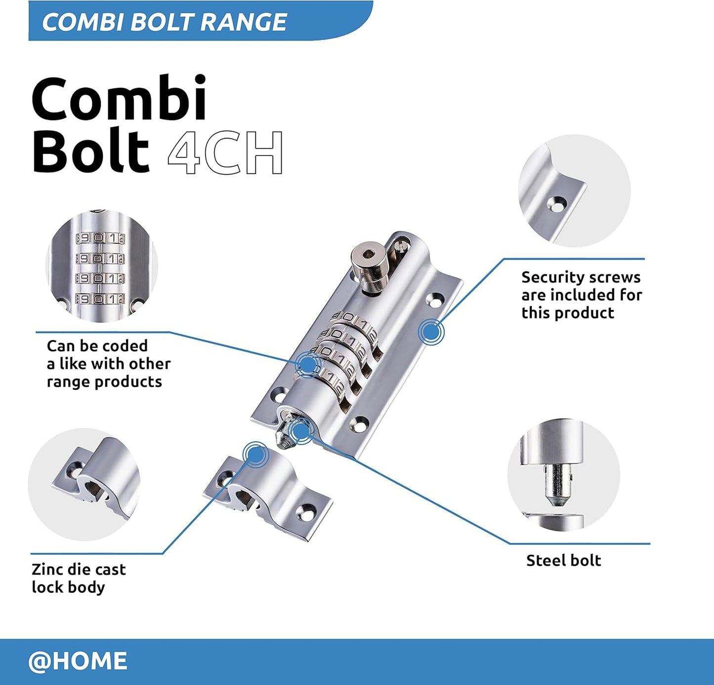 Rustproof Chrome Combination Locking Bolt by Squire Locks - Recordable Combi2CH