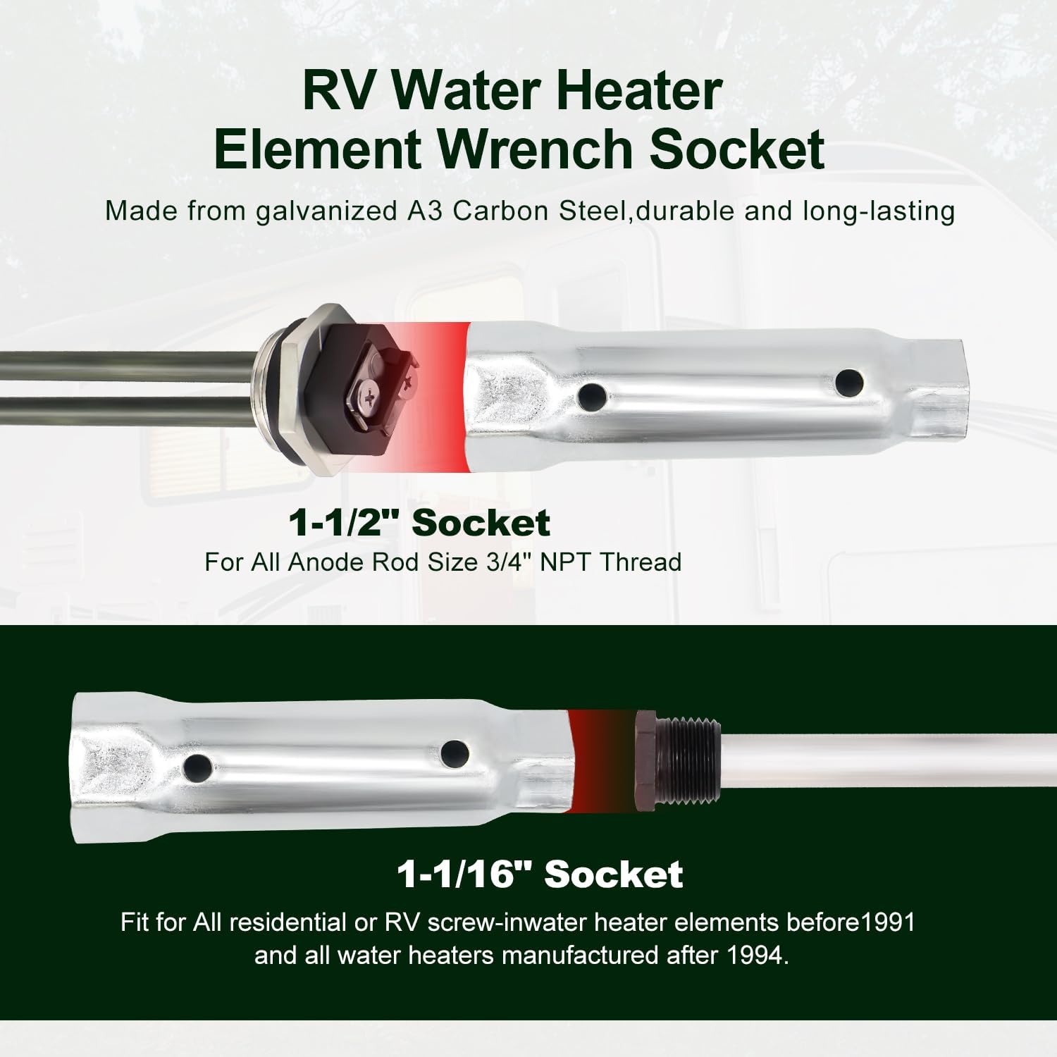 RV Water Heater Element Wrench Socket Tool for Anode Rod - Dual Hex Removal (1-1/16 x 1-1/2 x 6 in) - Residential & RV Camper Travel Trailer Motorhome