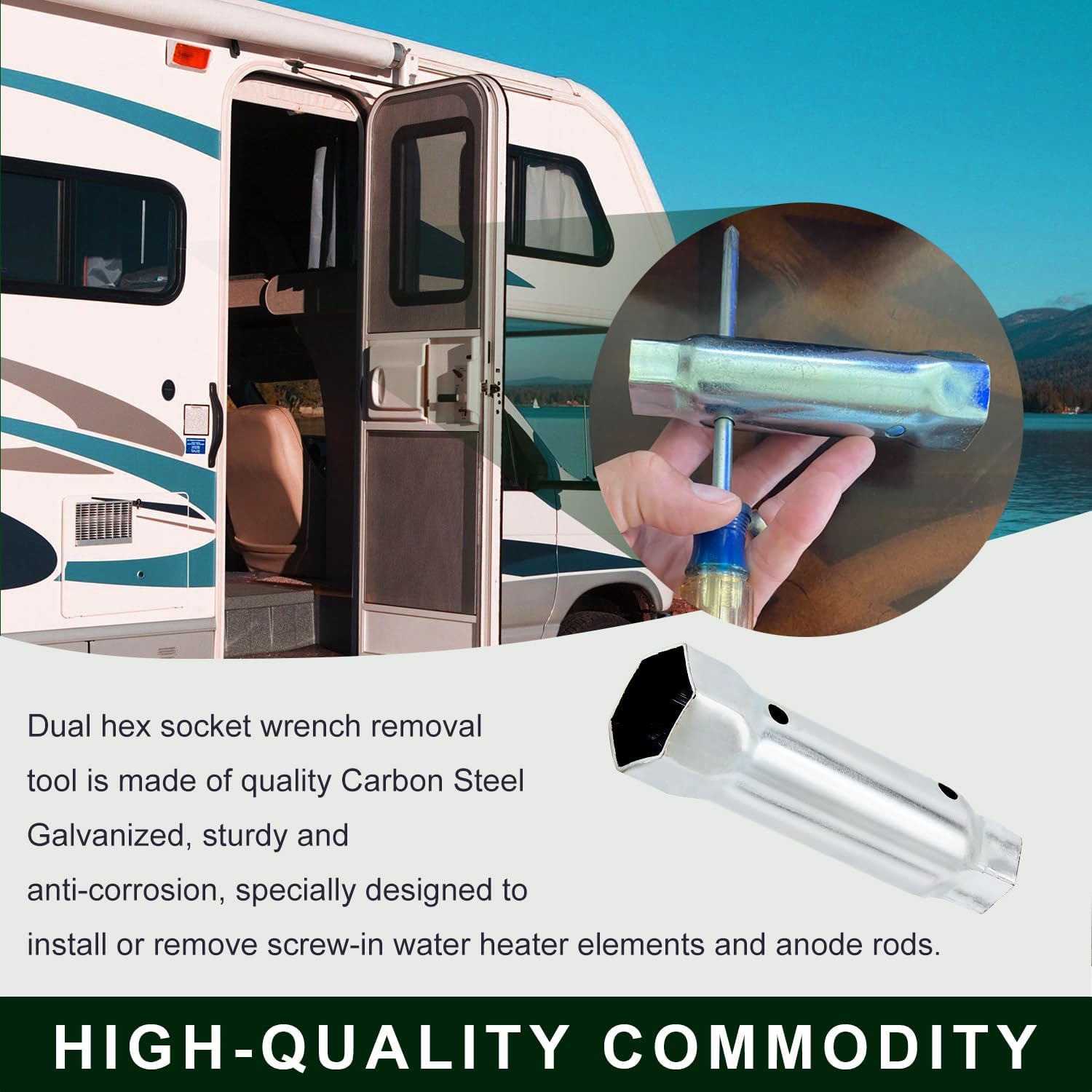 RV Water Heater Element Wrench Socket Tool for Anode Rod - Dual Hex Removal (1-1/16 x 1-1/2 x 6 in) - Residential & RV Camper Travel Trailer Motorhome