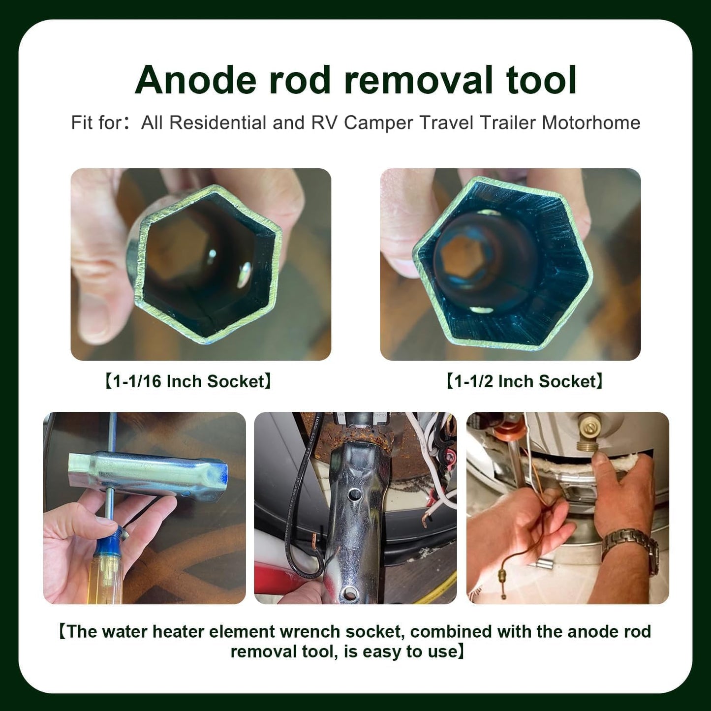 RV Water Heater Element Wrench Socket Tool for Anode Rod - Dual Hex Removal (1-1/16 x 1-1/2 x 6 in) - Residential & RV Camper Travel Trailer Motorhome