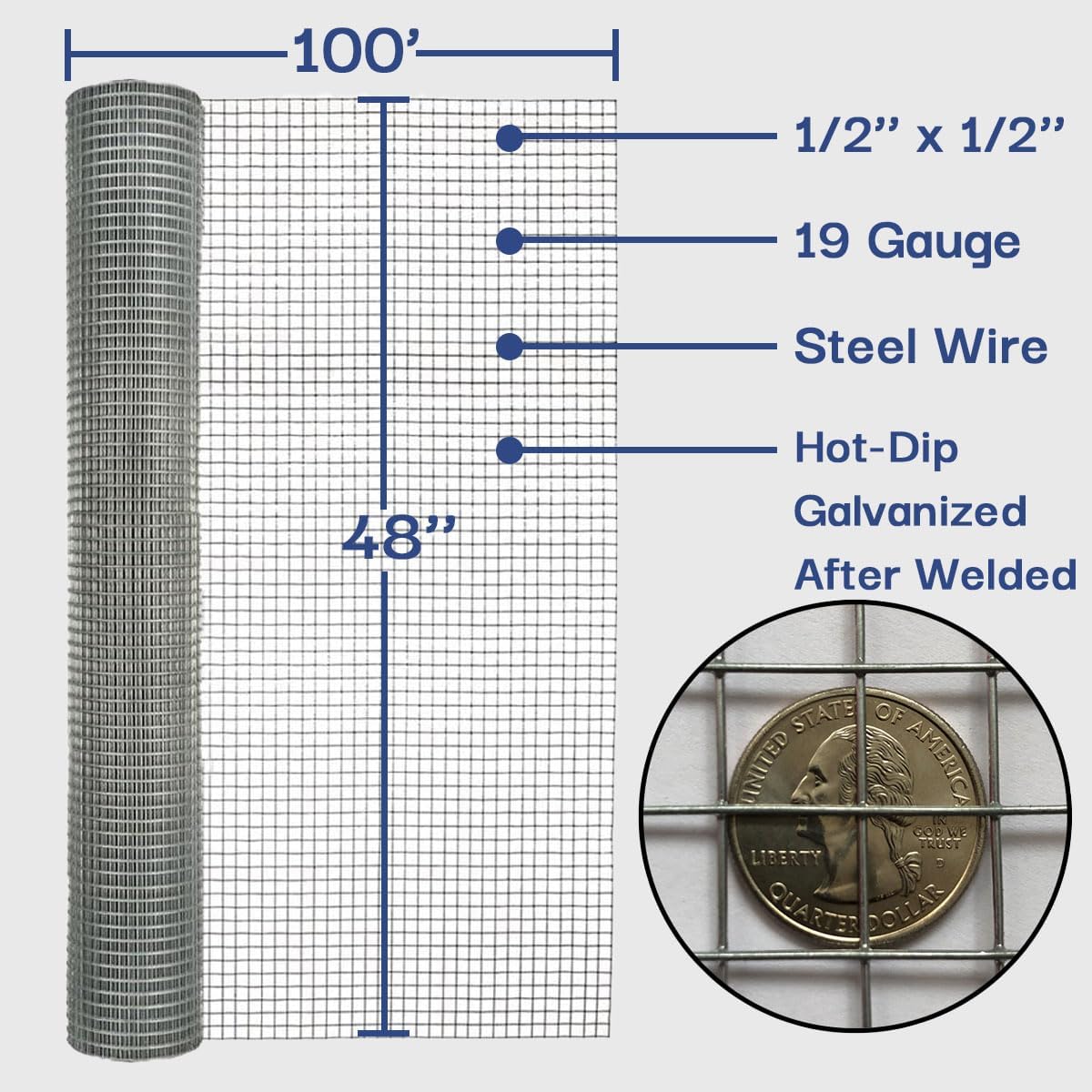Salmut Hardware Cloth 1/2" x 4' x 100' 19-Gauge Wire Mesh Roll - Ideal for Chicken, Gopher, and Critter Fencing