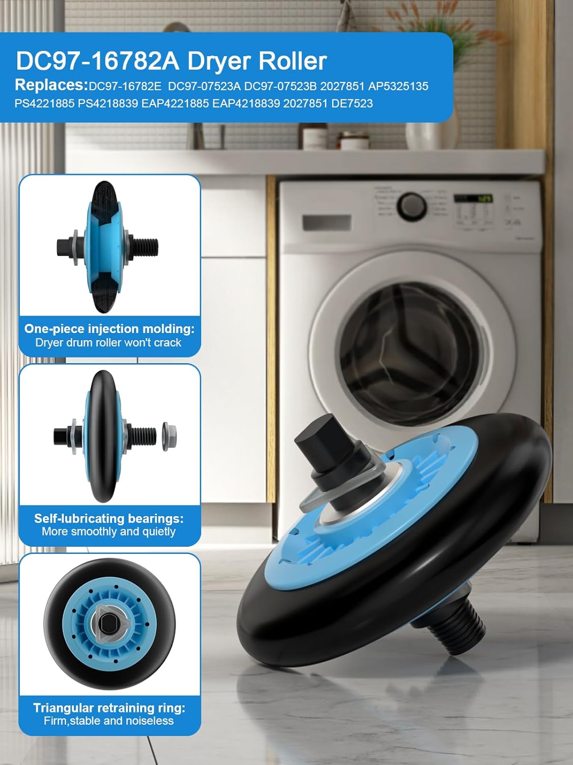 Samsung Dryer Repair Kit with DC97-16782A Roller, DC93-00634A Pulley, and 6602-001655 Belt - Compatible Replacement Parts for Dryer