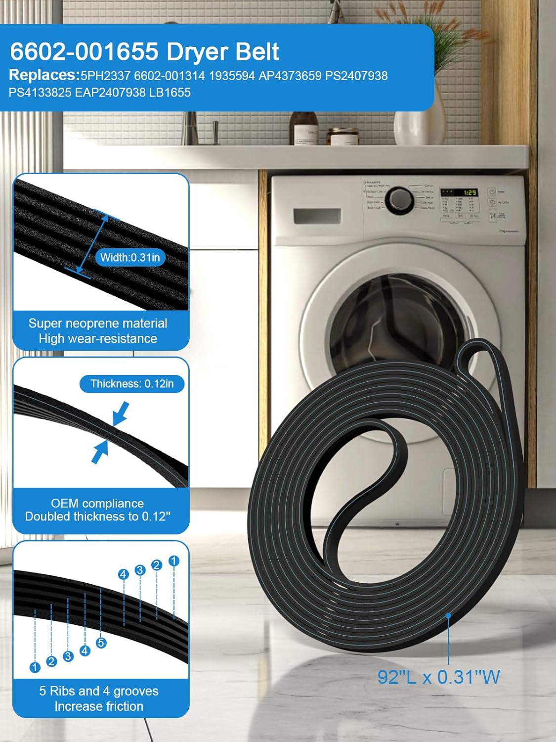 Samsung Dryer Repair Kit with DC97-16782A Roller, DC93-00634A Pulley, and 6602-001655 Belt - Compatible Replacement Parts for Dryer