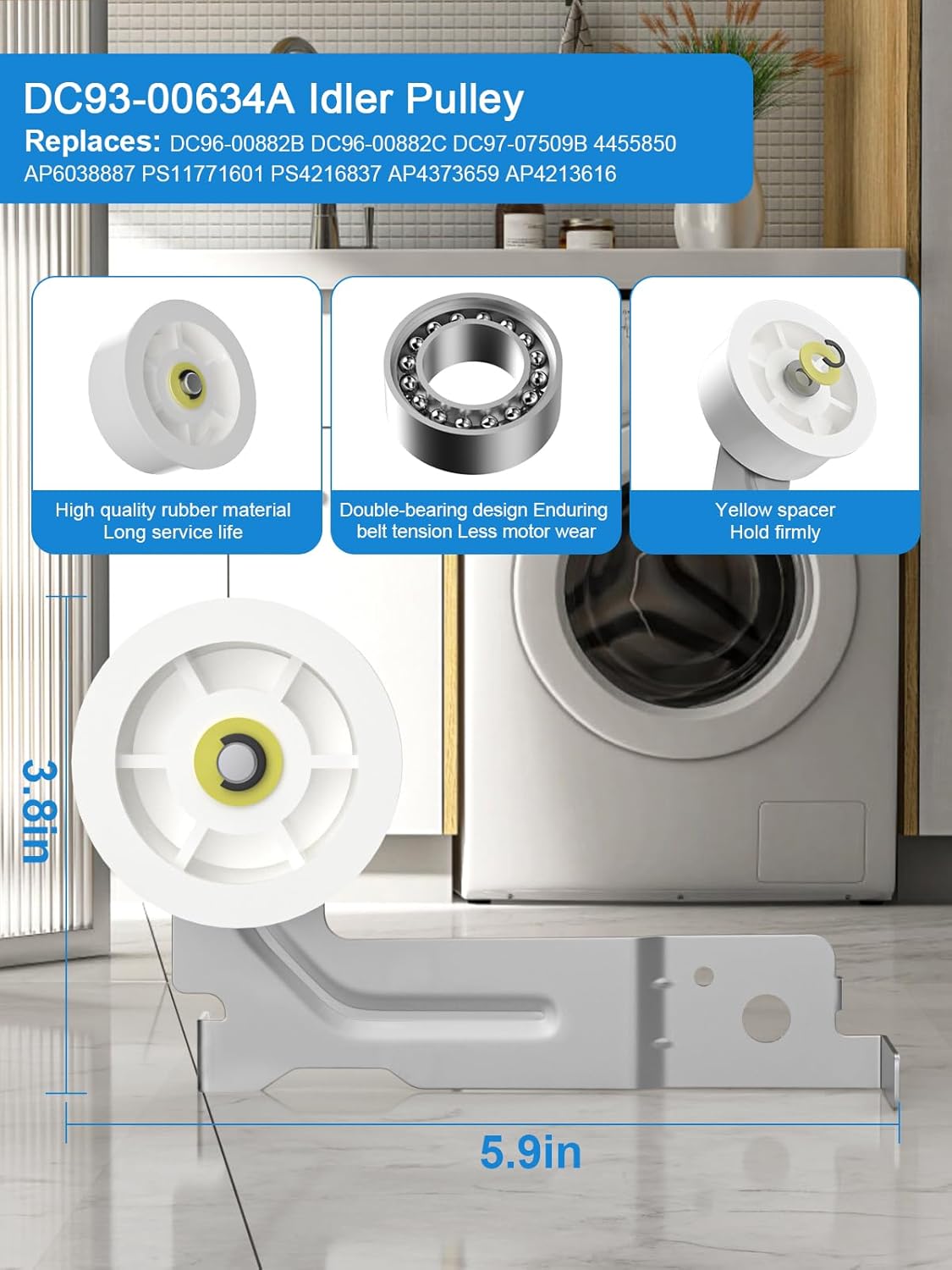 Samsung Dryer Repair Kit with DC97-16782A Roller, DC93-00634A Pulley, and 6602-001655 Belt - Compatible Replacement Parts for Dryer