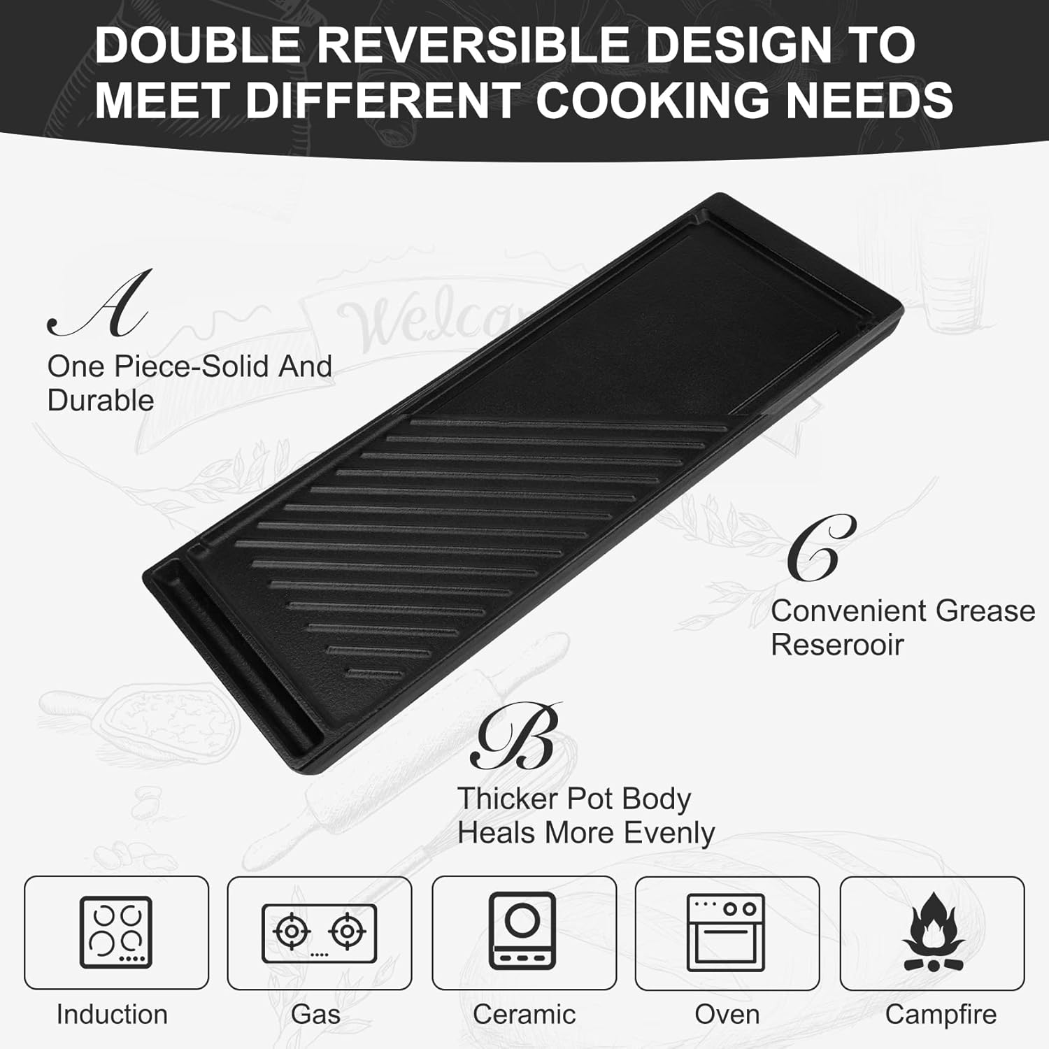 Samsung Stove Parts DG61-00859A Griddle Upgraded for NX58H5600SS NX58H9500WS - Heavy Duty Cast Iron Reversible Griddle/Grill Combo
