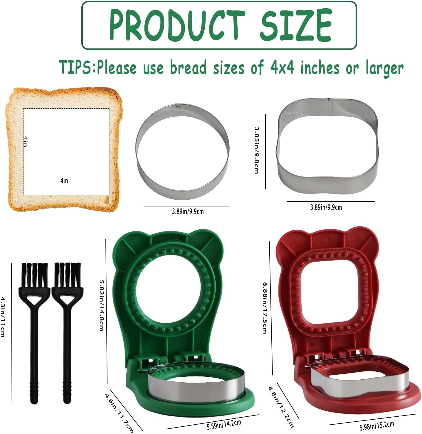 Sandwich Cutter Set for Kids Lunch Boxes - 2Pcs Square & Round Crustless Cutter with Brush and Sealer