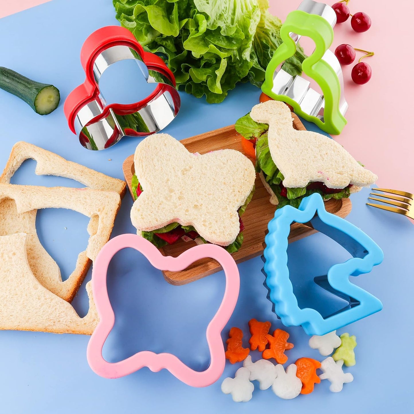 Sandwich Cutter Set with Fruit Cutters - 13 Pack Bread and Cookie Cutout Shapes for Kids Lunch - Butterfly, Dinosaur, Unicorn, Mousehead - Baking and Food Tools Accessory