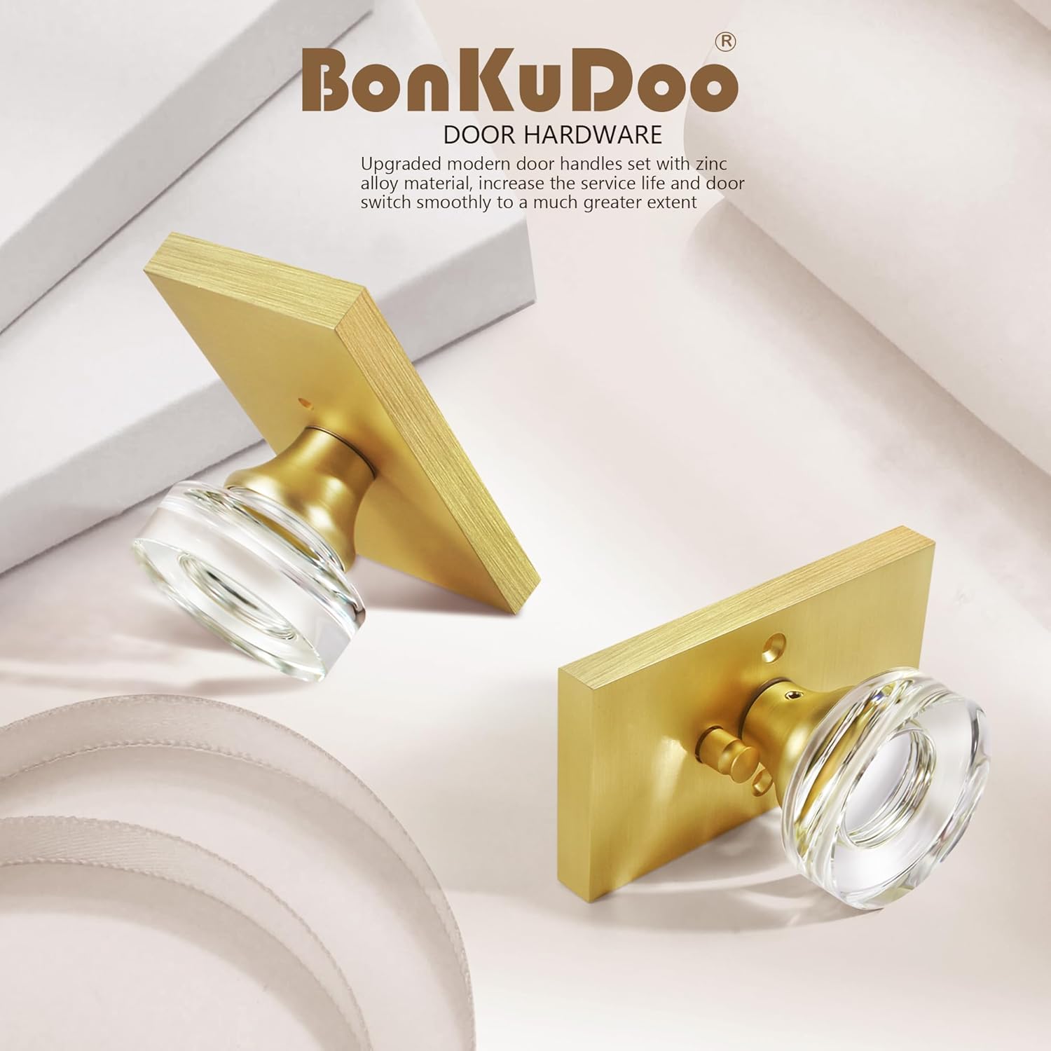 Satin Brass Crystal Glass Privacy Door Knob Set for Bed/Bath - BonKuDoo