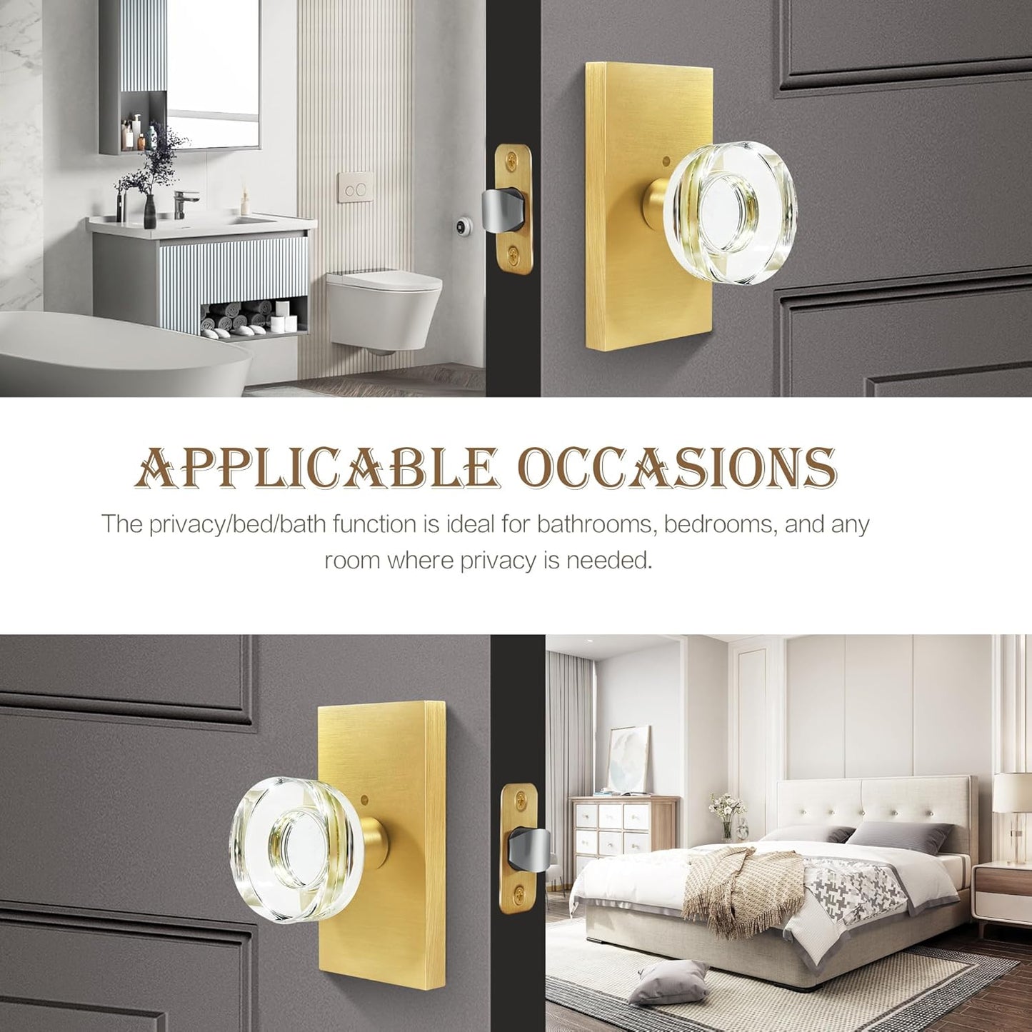 Satin Brass Crystal Glass Privacy Door Knob Set for Bed/Bath - BonKuDoo