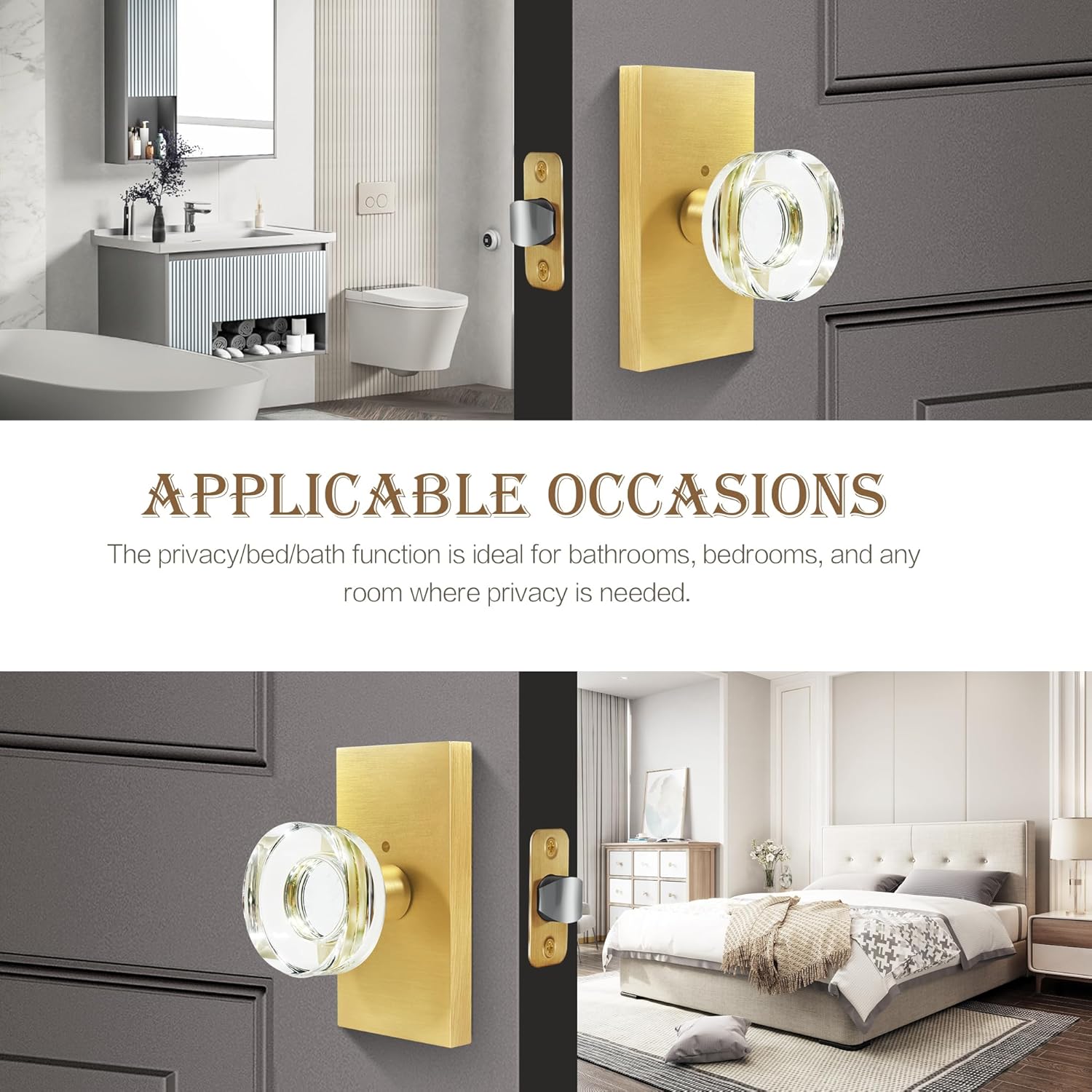 Satin Brass Crystal Glass Privacy Door Knob Set for Bed/Bath - BonKuDoo