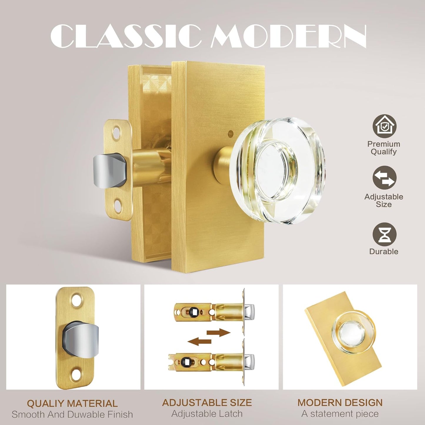 Satin Brass Crystal Glass Privacy Door Knob Set for Bed/Bath - BonKuDoo