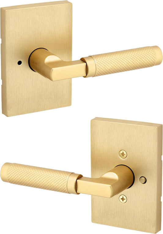 Satin Brass Kwikset Prava Interior Privacy Door Lever with Lock for Bathroom and Bedroom, Reversible Keyless Push Button with Microban Protection