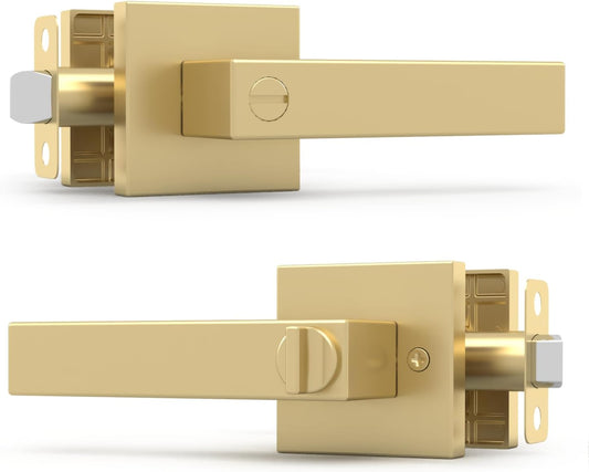 Satin Brass Lever Door Handle Set for Hallway, Closet, and Bathroom - Reversible Design - Fits All Standard Door Sizes - Includes Screws and Covered Screws - 5" - Stylware Privacy