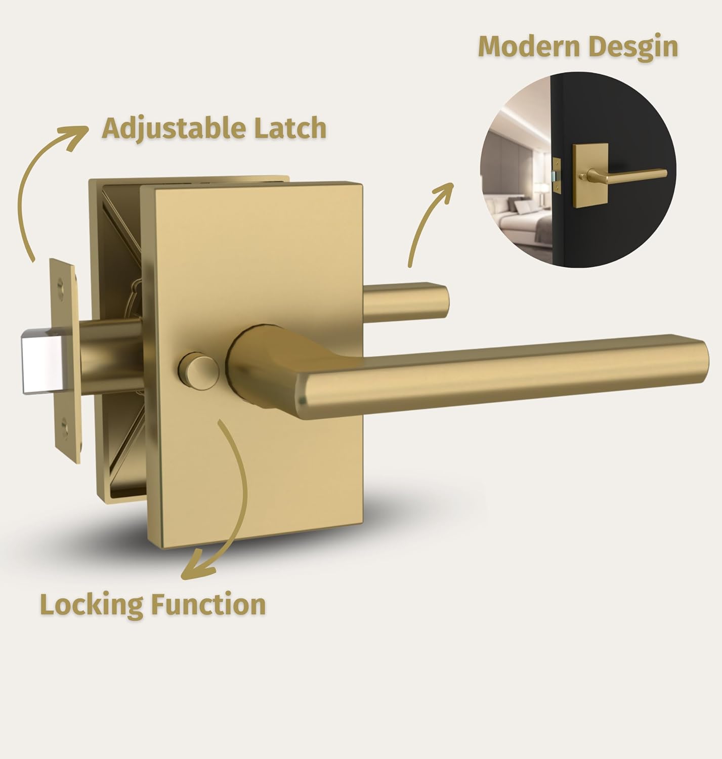 Satin Brass Lever Door Handle Set for Hallway, Closet, and Bathroom - Mega Handles - Heavy Duty and Reversible - Fits Standard Doors - Screws Included