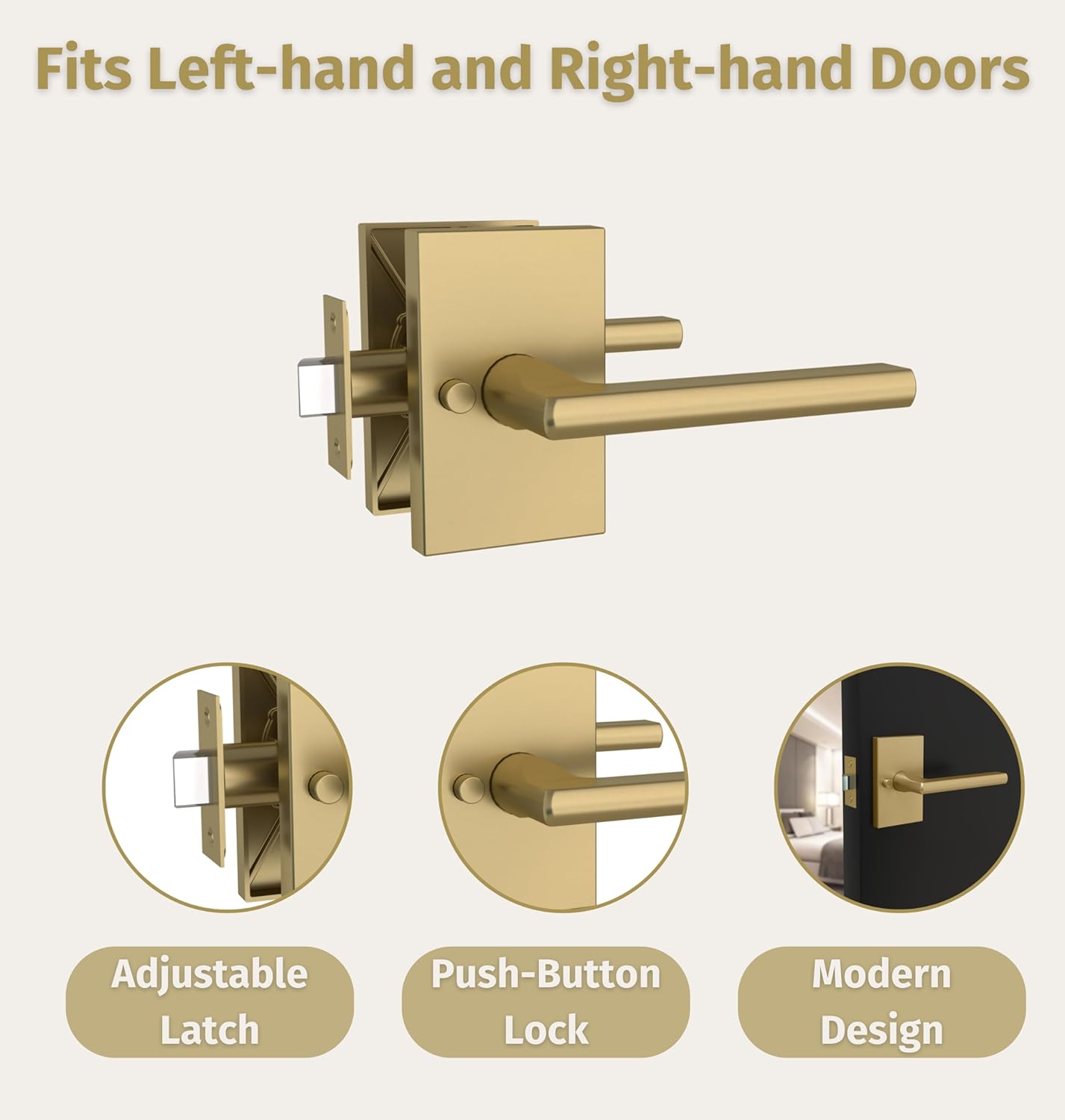 Satin Brass Lever Door Handle Set for Hallway, Closet, and Bathroom - Mega Handles - Heavy Duty and Reversible - Fits Standard Doors - Screws Included