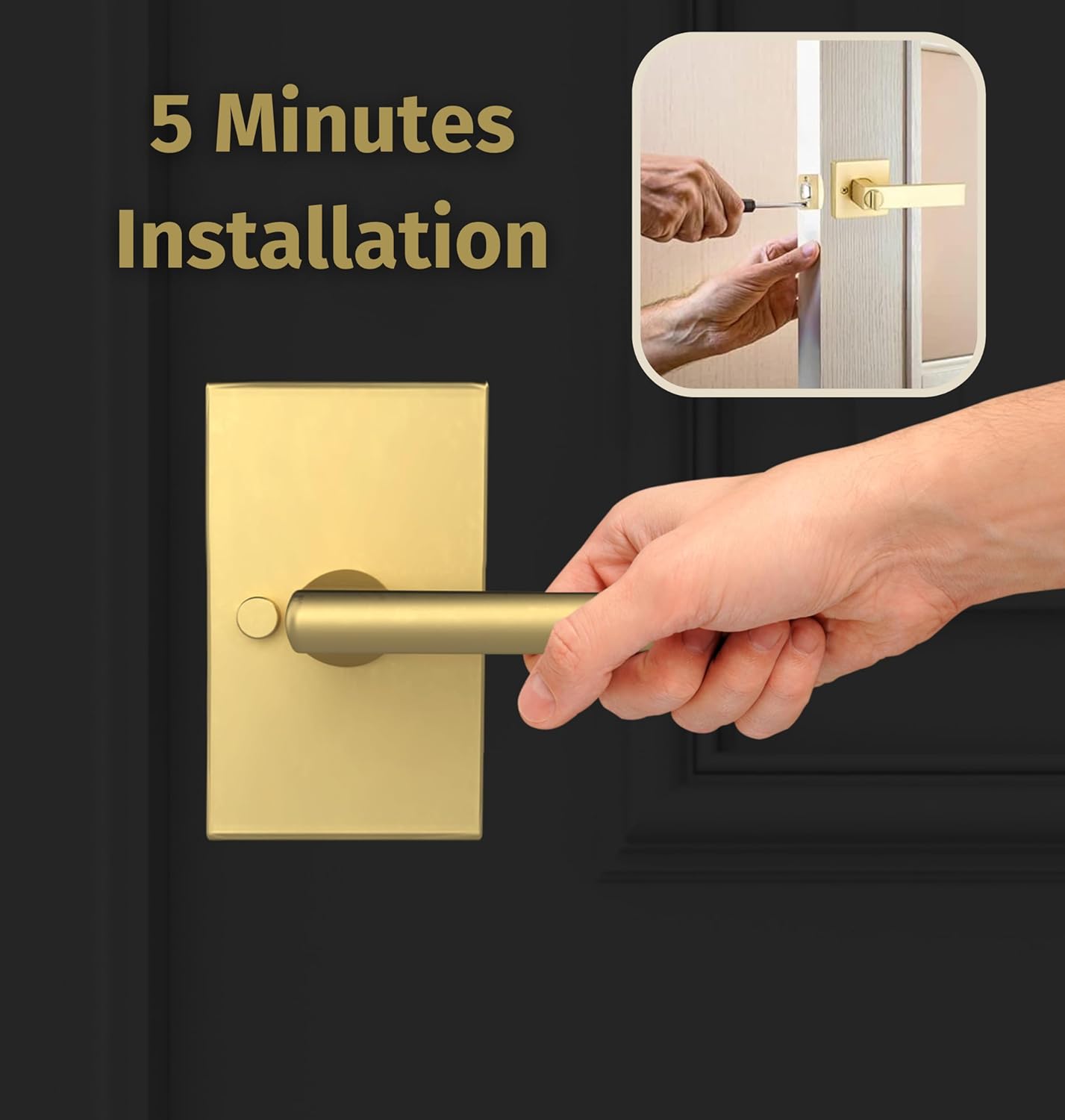 Satin Brass Lever Door Handle Set for Hallway, Closet, and Bathroom - Mega Handles - Heavy Duty and Reversible - Fits Standard Doors - Screws Included