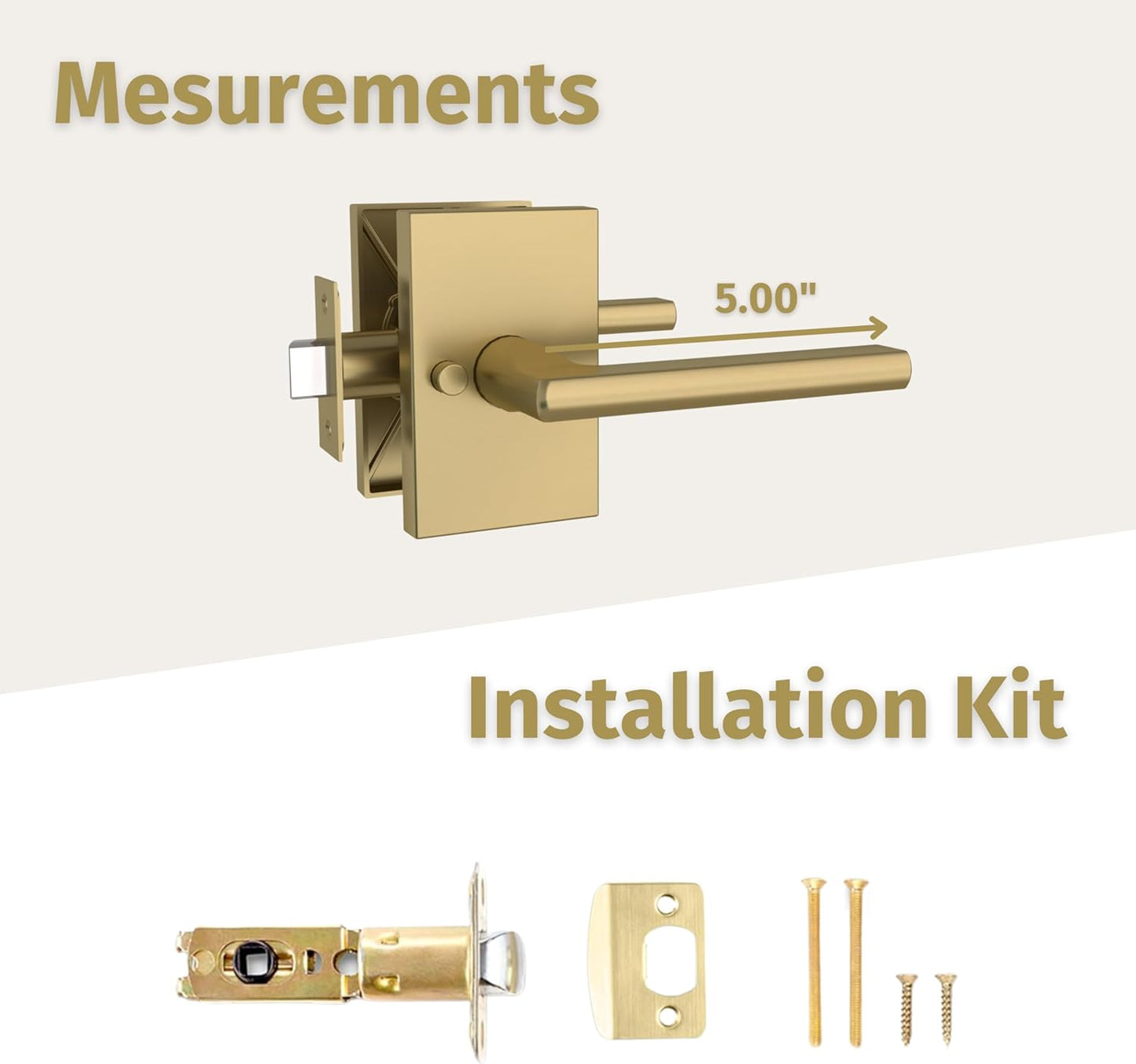 Satin Brass Lever Door Handle Set for Hallway, Closet, and Bathroom - Mega Handles - Heavy Duty and Reversible - Fits Standard Doors - Screws Included