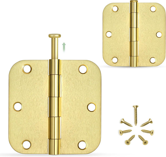 Satin Brass Noiseless Rounded Door Hinges 3-Pack, 3.5 x 3.5 Inch with Removable Pin