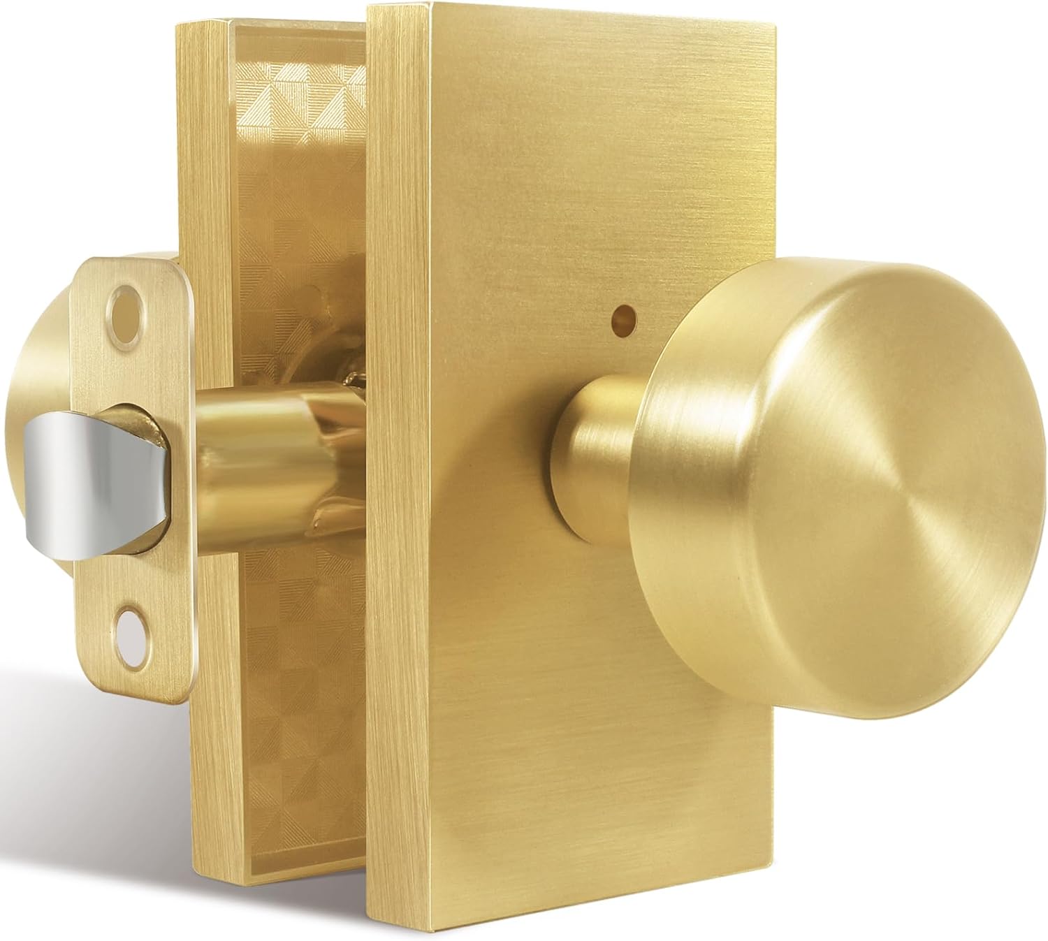 Satin Brass Privacy Door Knob Set for Bedroom and Bathroom - Modern Round Handles with Lock - Rectangle Rosette
