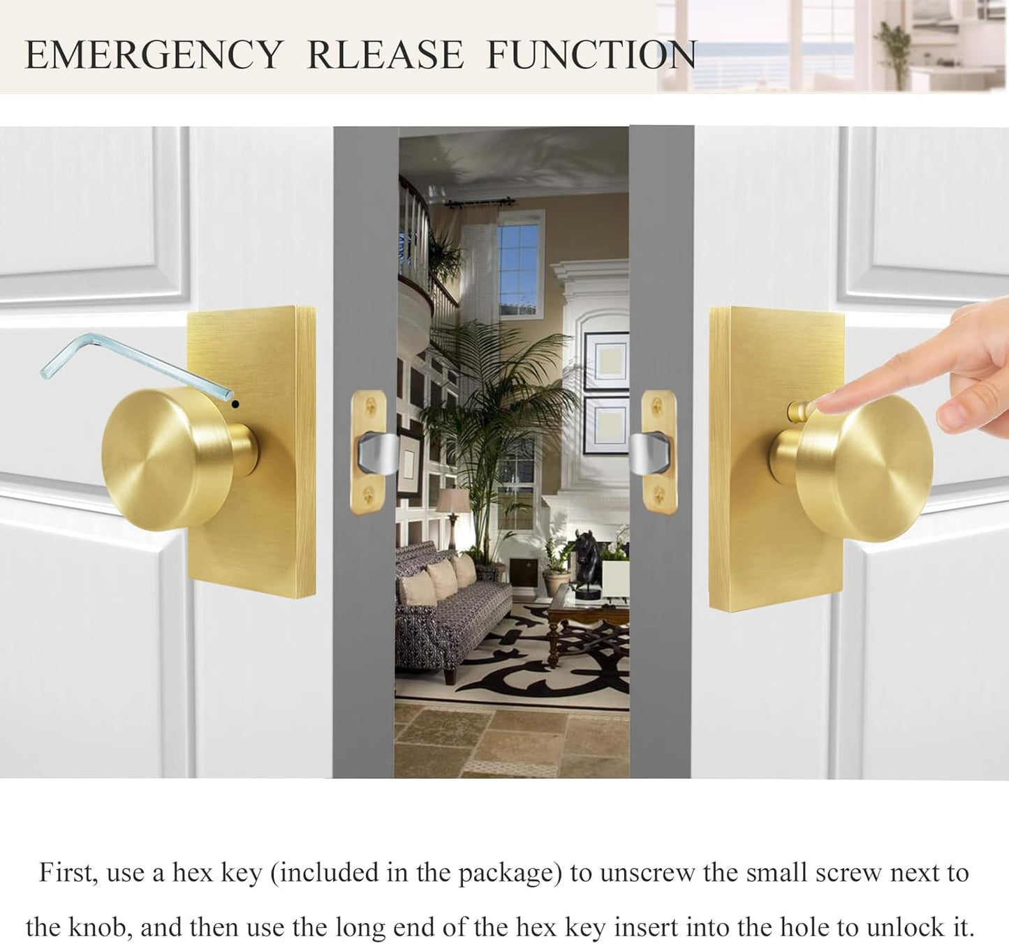 Satin Brass Privacy Door Knob Set for Bedroom and Bathroom - Modern Round Handles with Lock - Rectangle Rosette