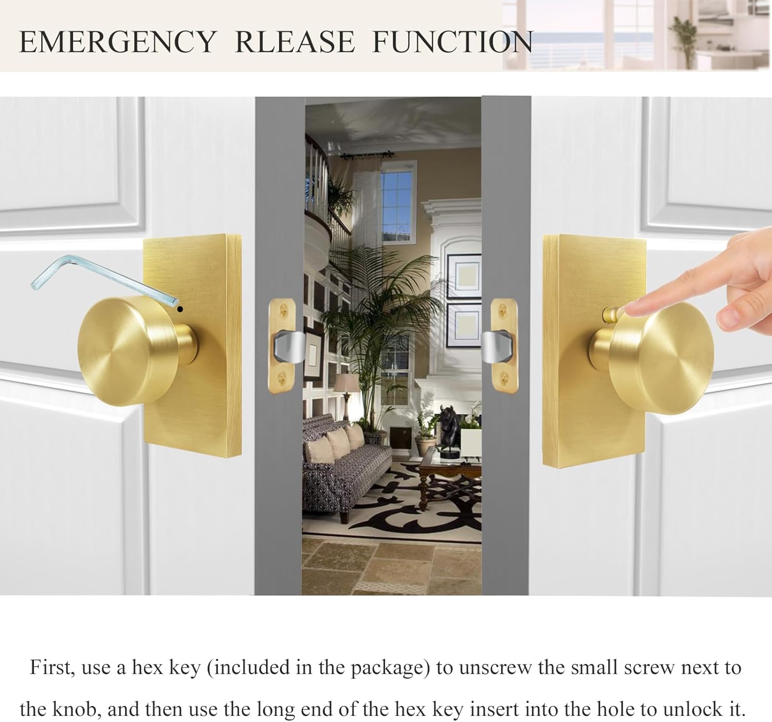 Satin Brass Privacy Door Knob Set for Bedroom and Bathroom - Modern Round Handles with Lock - Rectangle Rosette