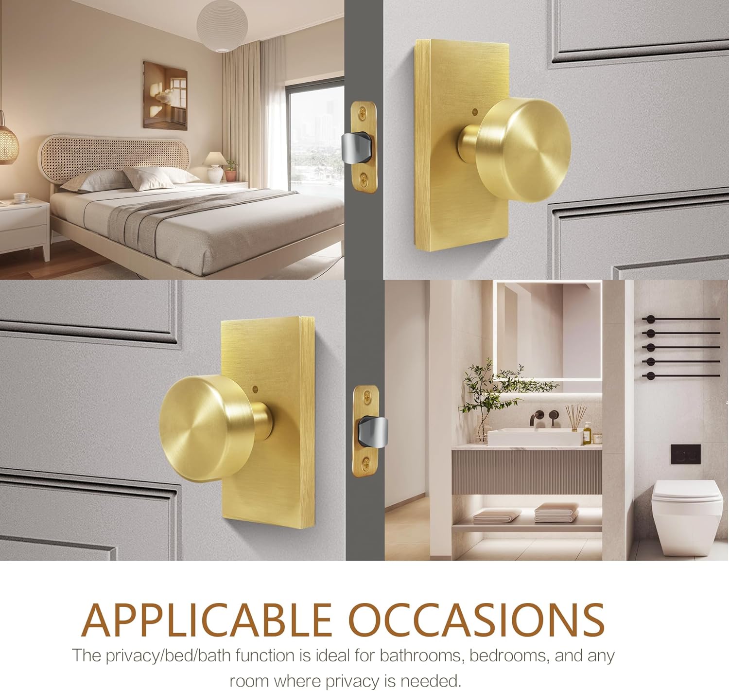 Satin Brass Privacy Door Knob Set for Bedroom and Bathroom - Modern Round Handles with Lock - Rectangle Rosette