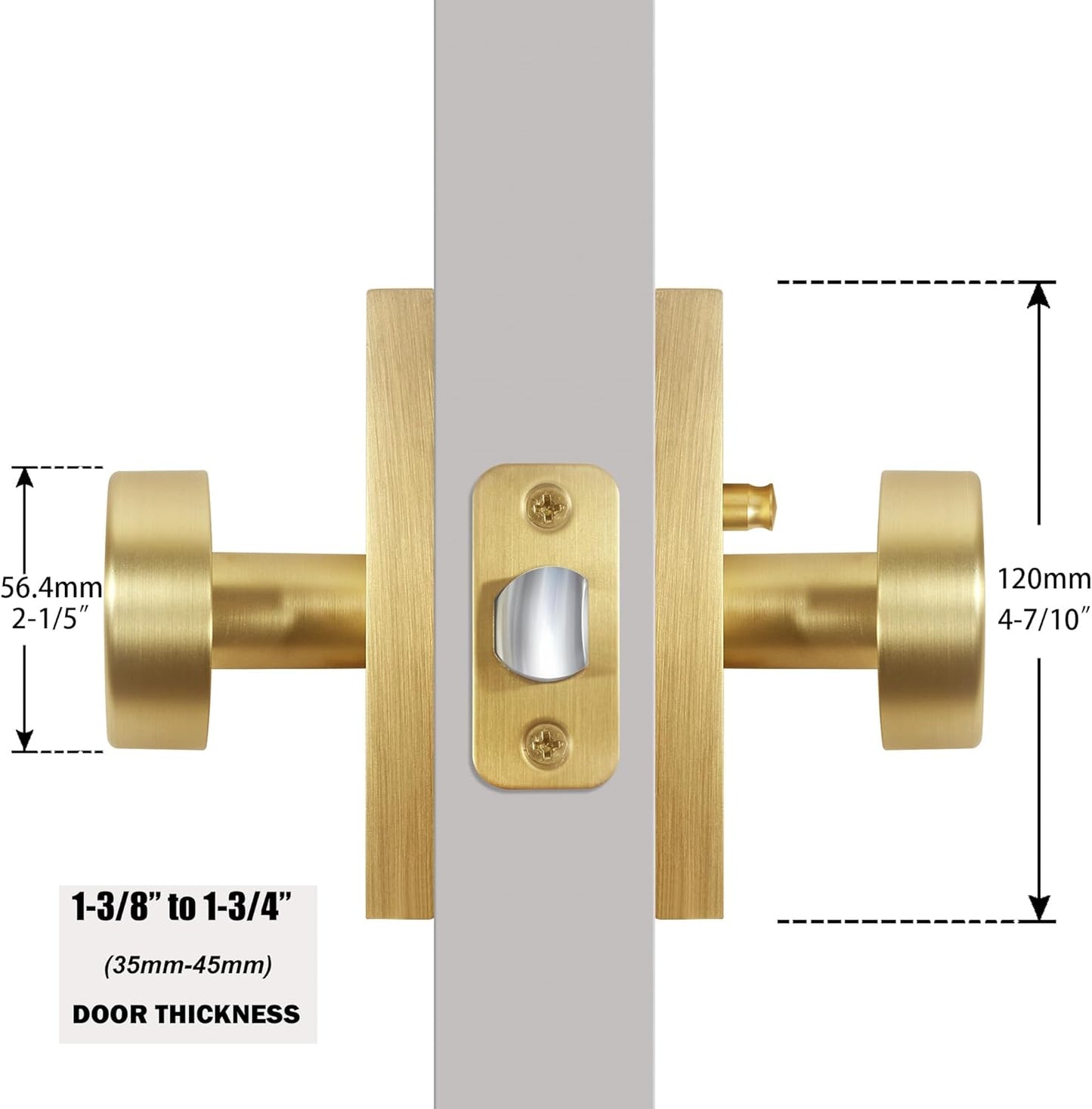 Satin Brass Privacy Door Knob Set for Bedroom and Bathroom - Modern Round Handles with Lock - Rectangle Rosette