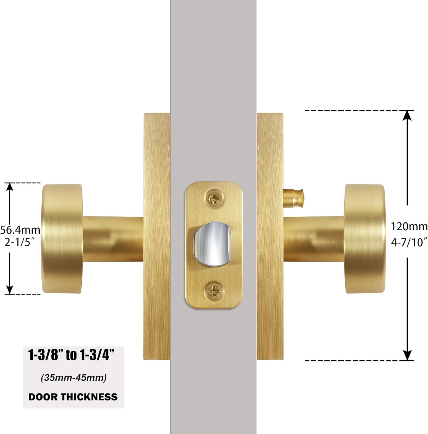 Satin Brass Privacy Door Knob Set for Bedroom and Bathroom - Modern Round Handles with Lock - Rectangle Rosette