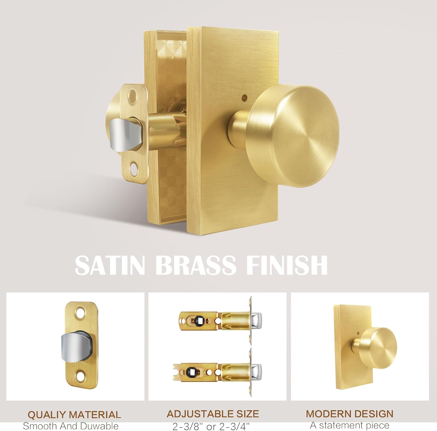 Satin Brass Privacy Door Knob Set for Bedroom and Bathroom - Modern Round Handles with Lock - Rectangle Rosette