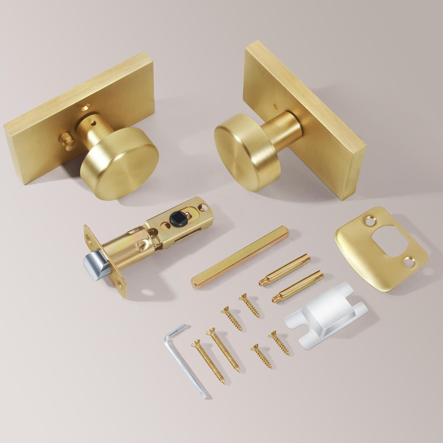 Satin Brass Privacy Door Knob Set for Bedroom and Bathroom - Modern Round Handles with Lock - Rectangle Rosette