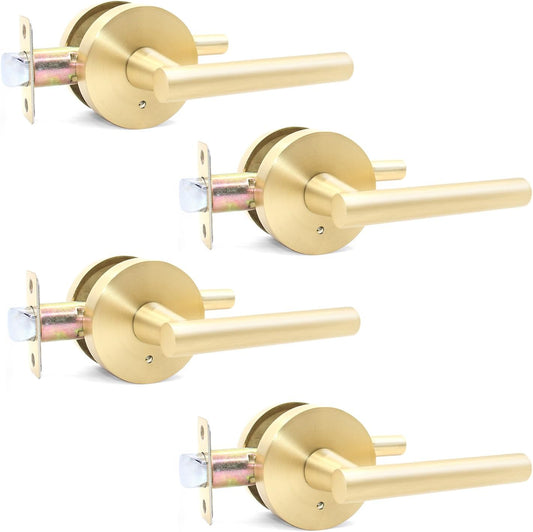 Satin Brass Reversible Keyless Privacy Door Handle Lock for Bathroom/Bedroom (4 Pack)