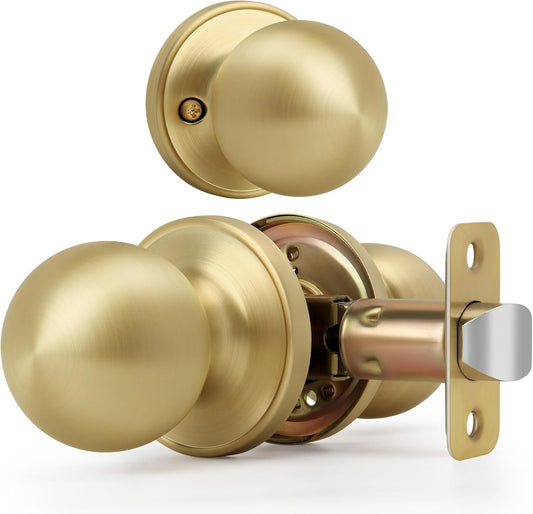 Satin Brass Round Passage Door Knob with Ball Design for Hallway/Closet, Non-Locking