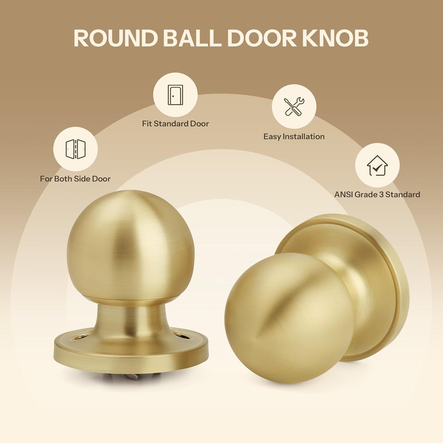 Satin Brass Round Passage Door Knob with Ball Design for Hallway/Closet, Non-Locking